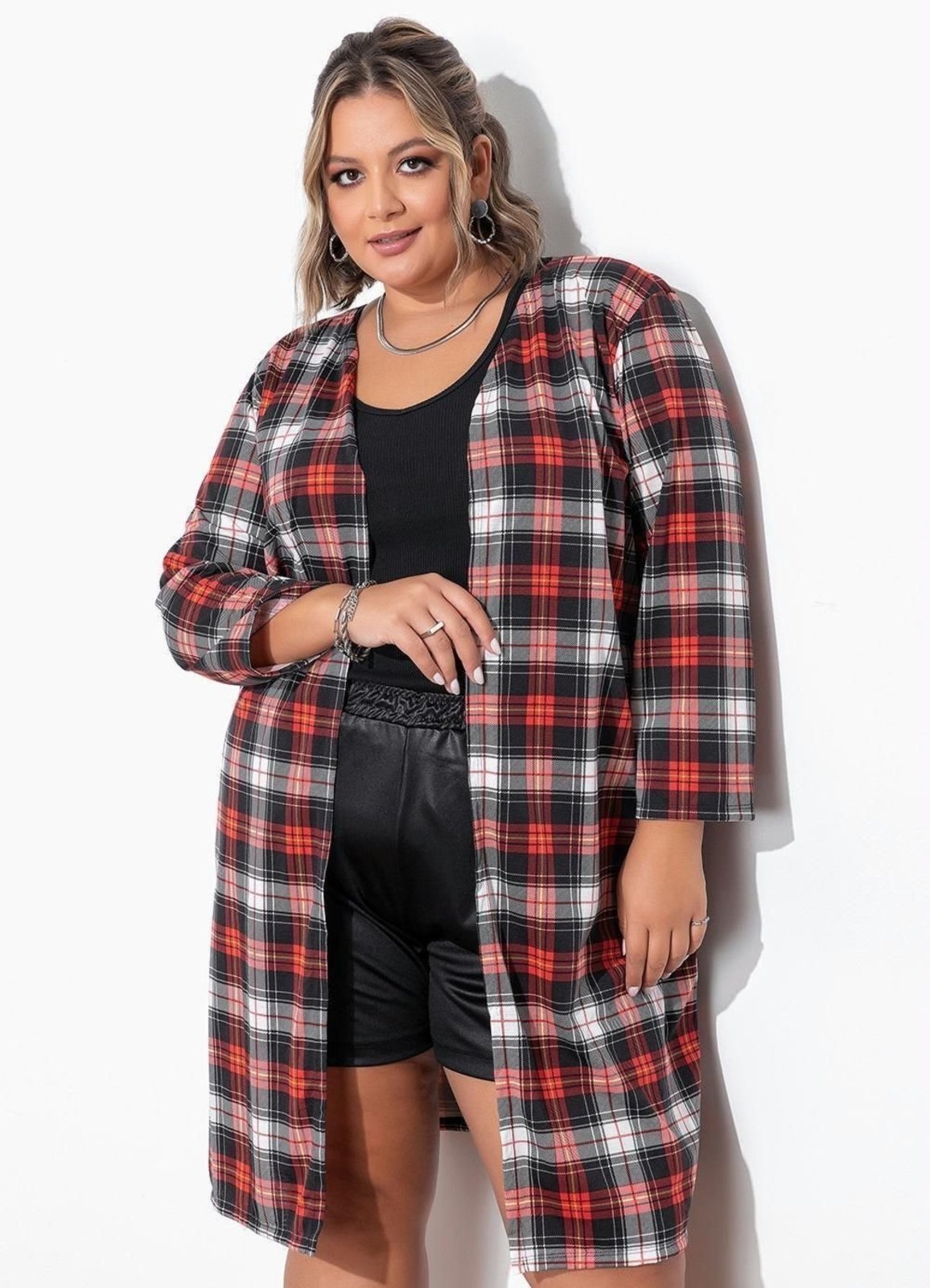 Vista 2 Cardigan Plus Size Xadrez Marguerite vermelho Marguerite vermelho