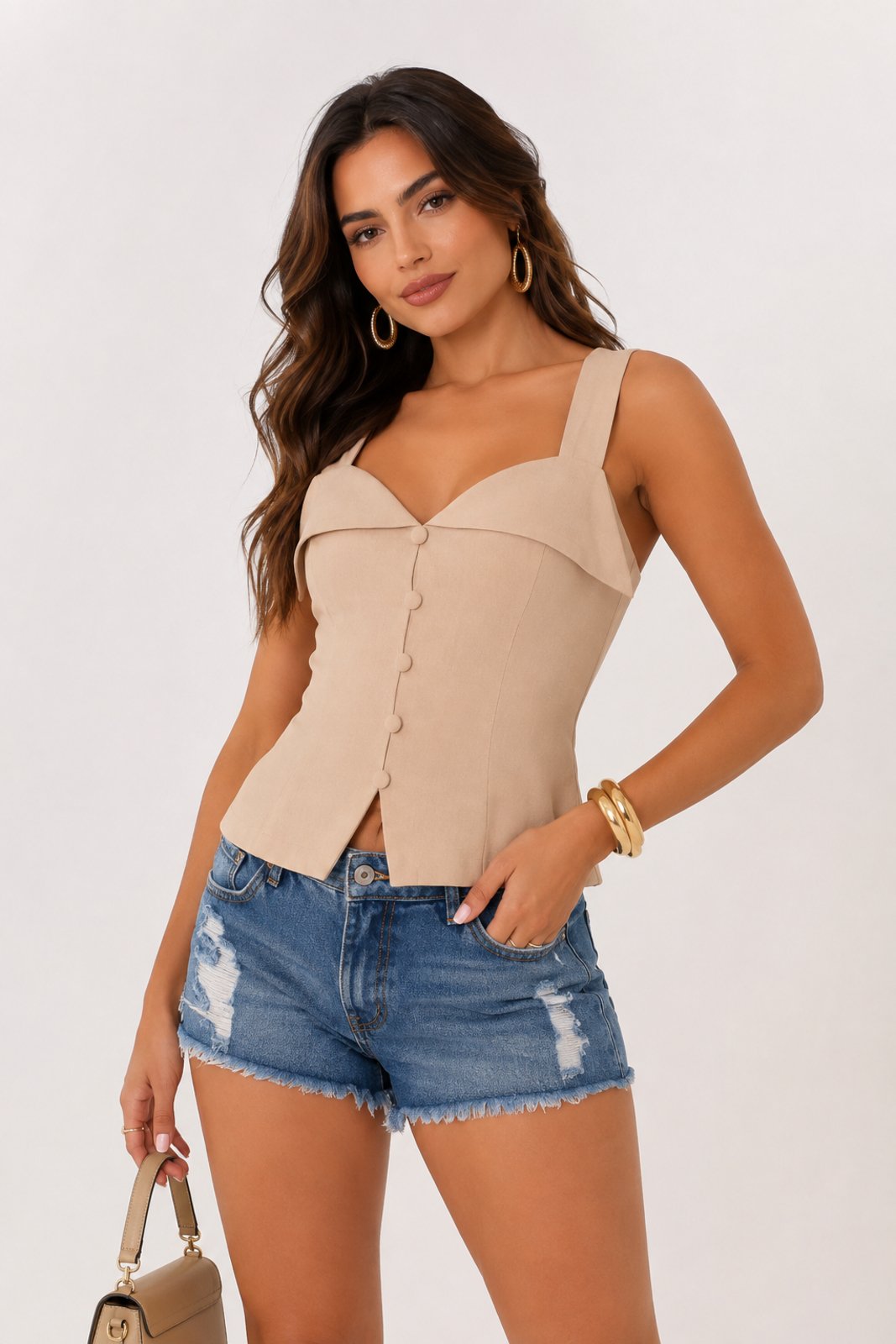 Blusa Colete Feminina D Bell Outlet Fashion Crepe Alfaiataria Botões Bege