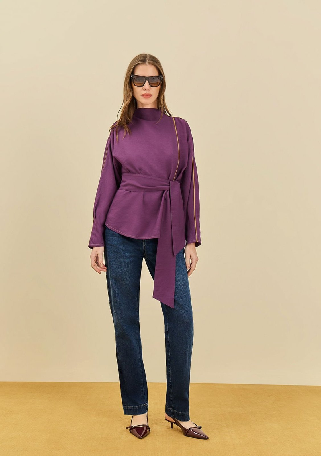 Blusa Maria Valentina Solta Gola Alta Manga Longa Padrão Roxo