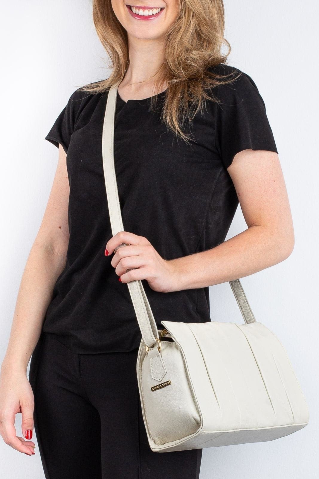 Bolsa de couro liso tiracolo Barbara Off-white