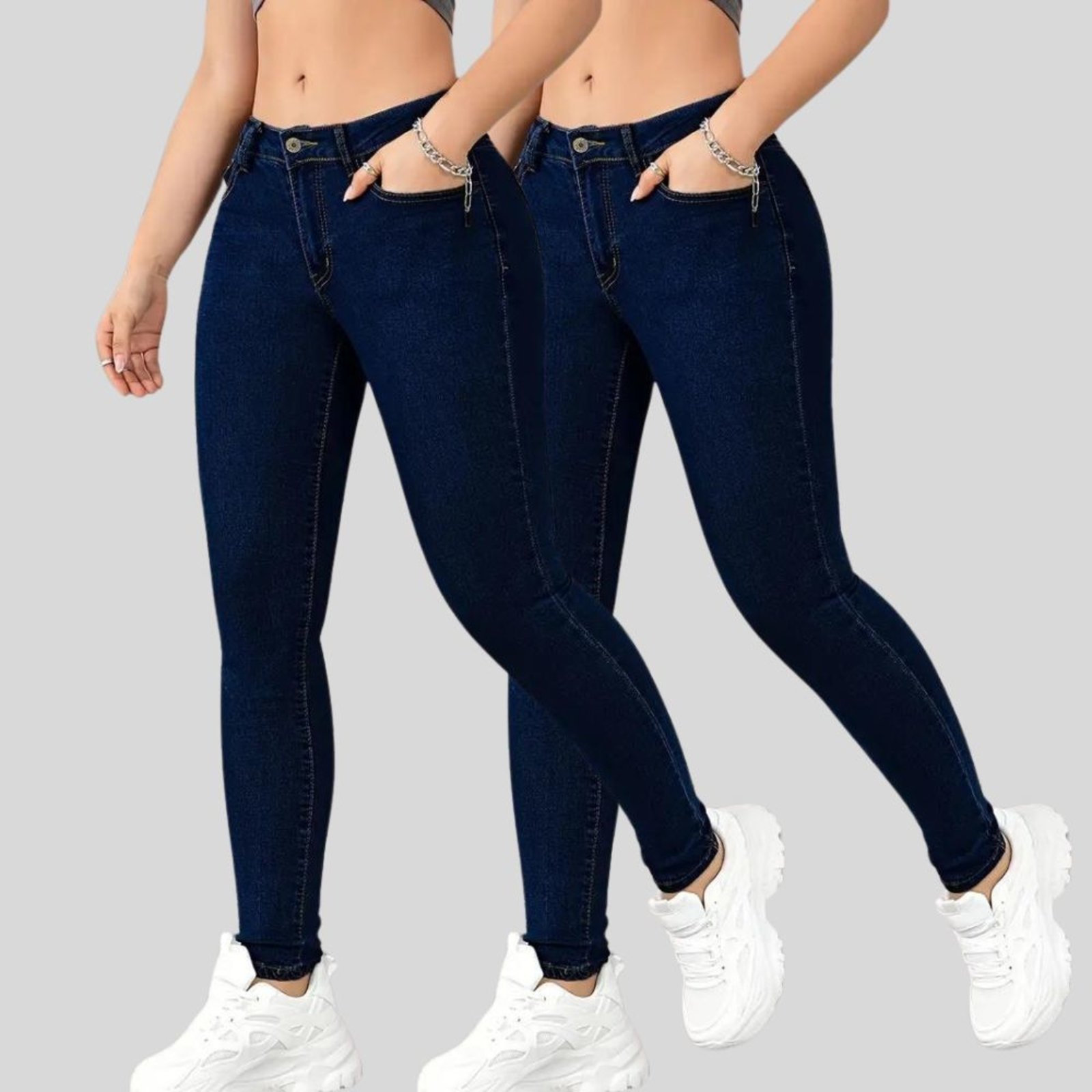 Vista 2 Kit 2 Calça Jeans Feminina Tex Jeans Cintura Alta Skinny com Elastano Escuro azul TEX JEANS azul