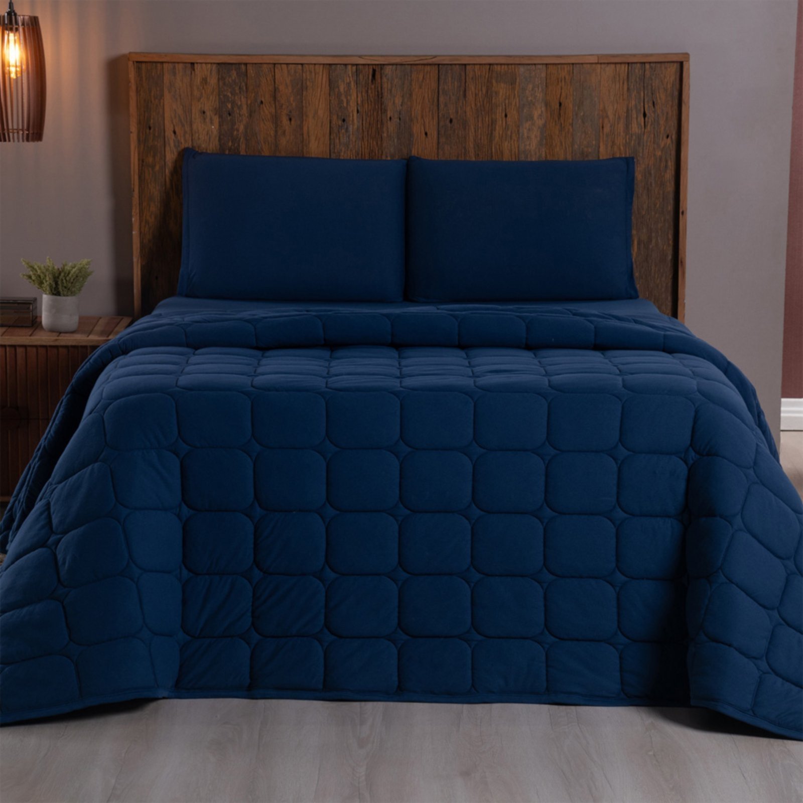 Kit Cobre Leito Colcha Casa Scarpa Livorno Queen Acolchoado Fofo Macio Malha Algodão 3 Peças - Azul Marinho