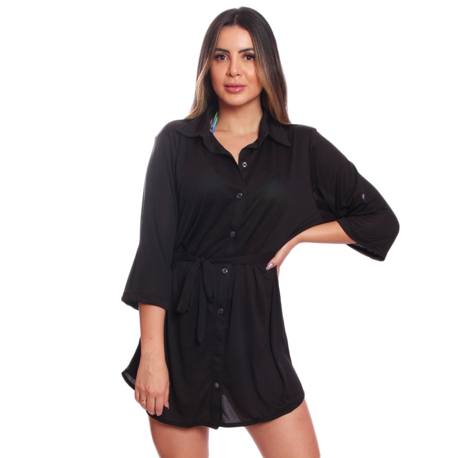 Saída Praia Piscina Chemise Camisão Feminino Cinto Botão FMF Preto