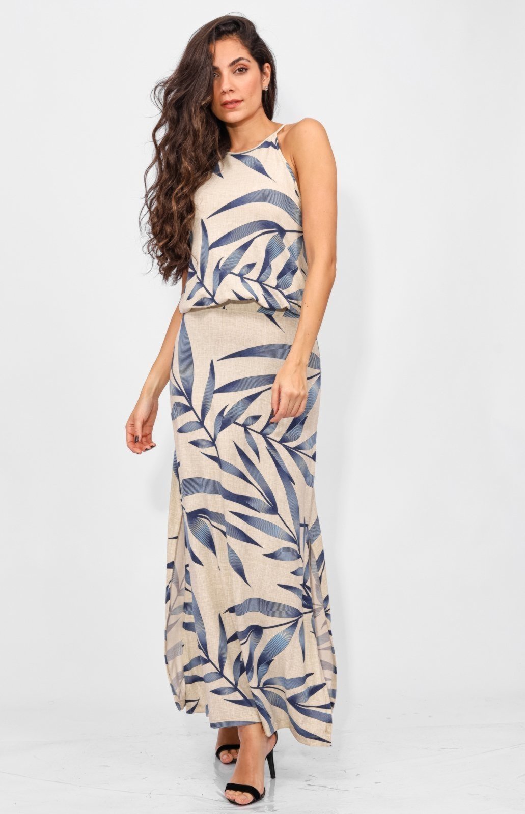 Vestido Longo Amazonia Vital Malha Trapézio com Elástico na Cintura Bambu Azul