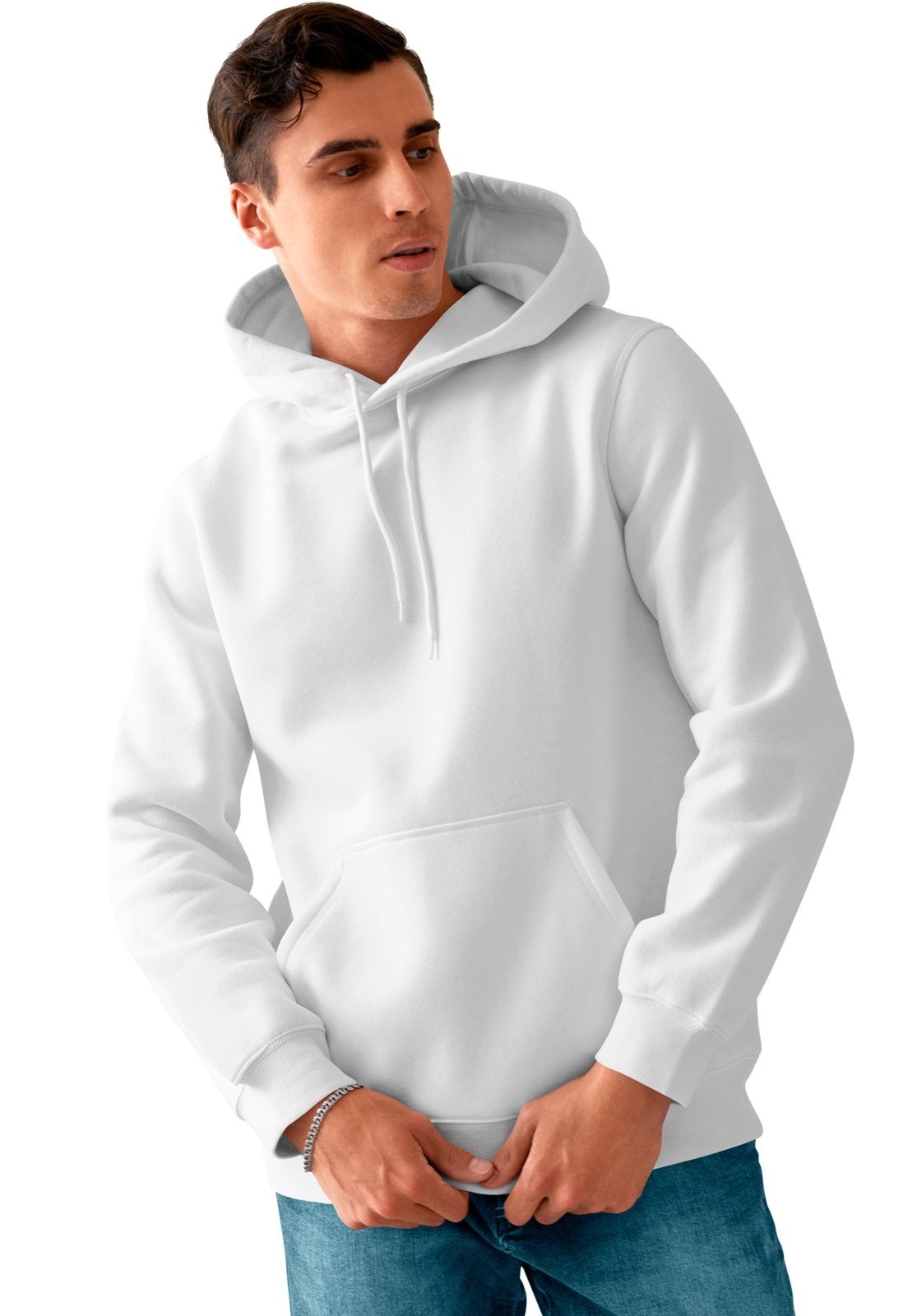 Blusa De Frio Masculina Moletom Liso Com Capuz e Bolso Canguru Felpado Branco
