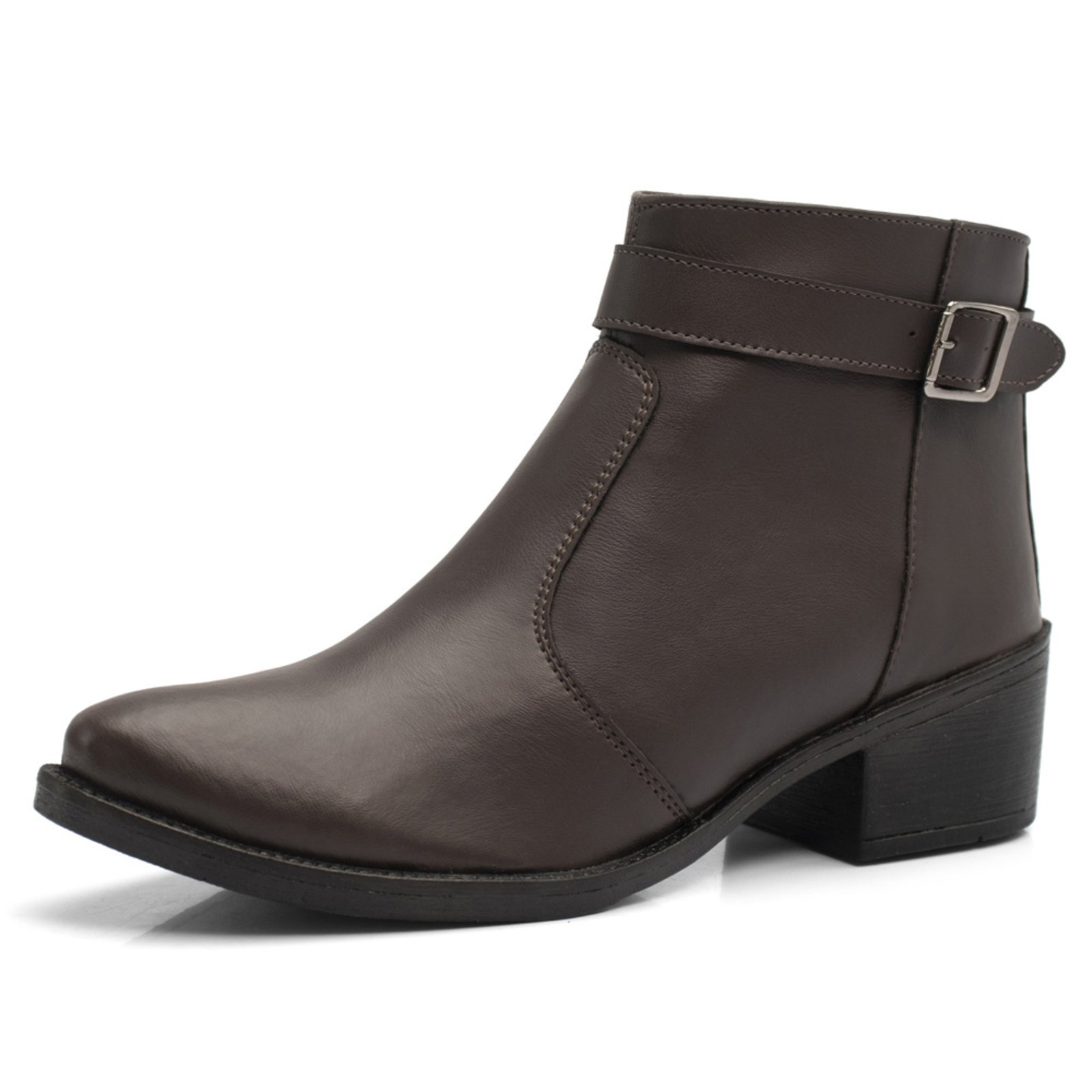 Bota Feminina RR Botas Com Fivela e Zíper Lateral Chelsea Salto 4cm Baixo Country Coturno Confortável Cano Curto Café Marrom