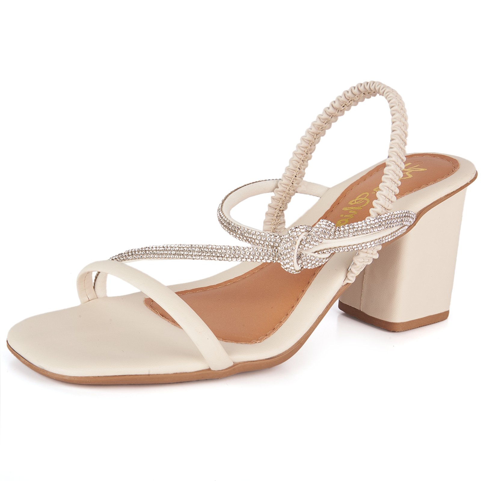 Sandália Feminina Bico Quadrado Salto Bloco Alto Strass Brilho Nó Tiras Elástico Confortável Leve Off White