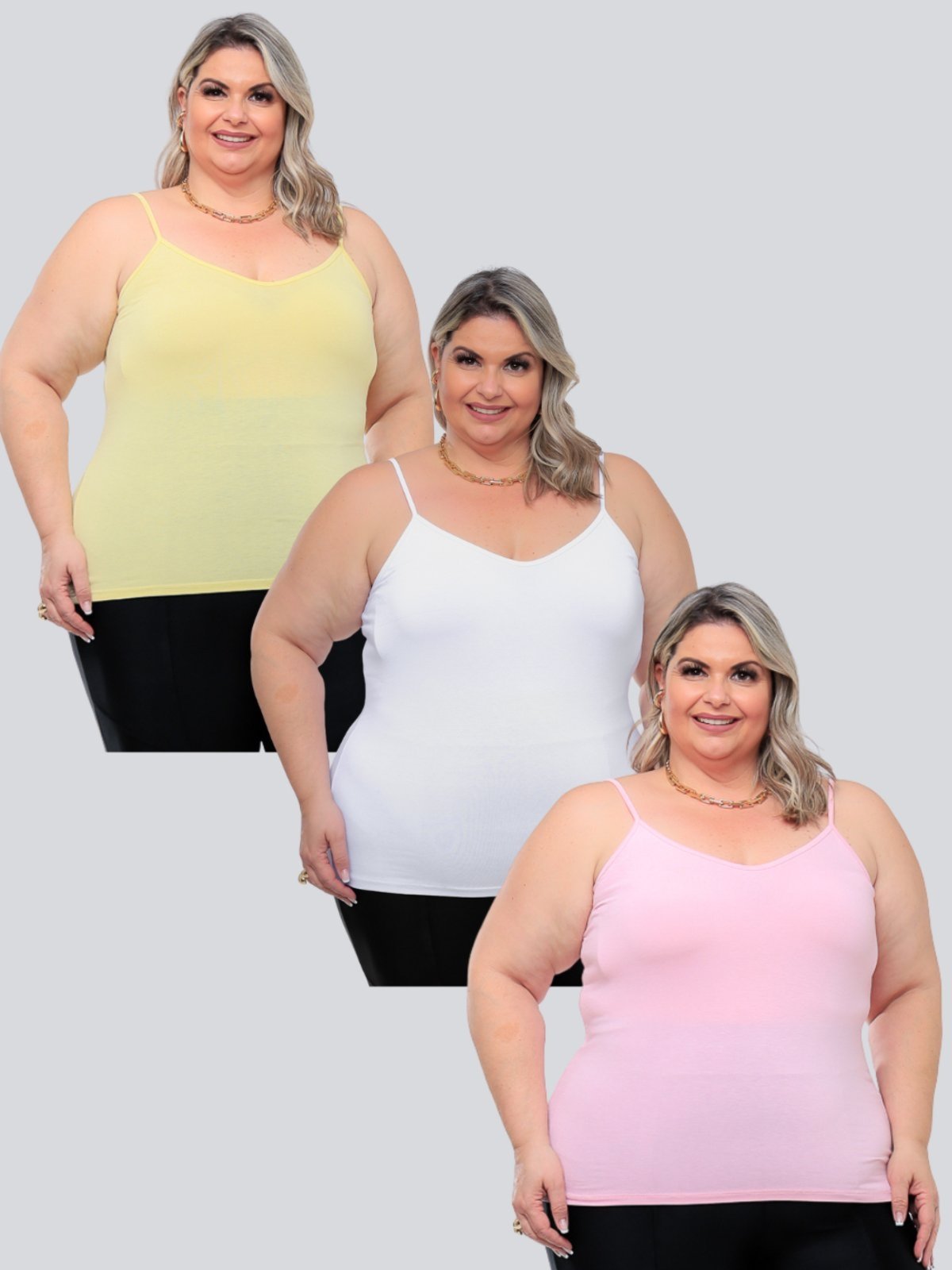 Kit 3 Peças Regata Plus Size Feminina Básica Viscolycra Alcinha Fina Leve estilo Casual GARAIS MODA moda Verão Branco Amarelo Rosa