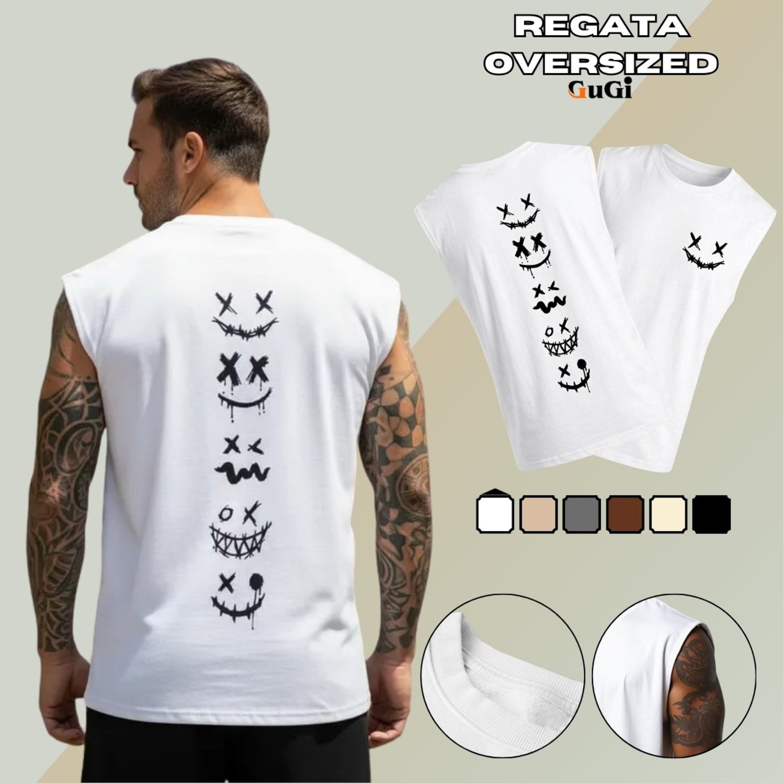 Camiseta Regata Masculina Oversized Estampada Sorriso Street X 100% Algodão 30.1 Branco
