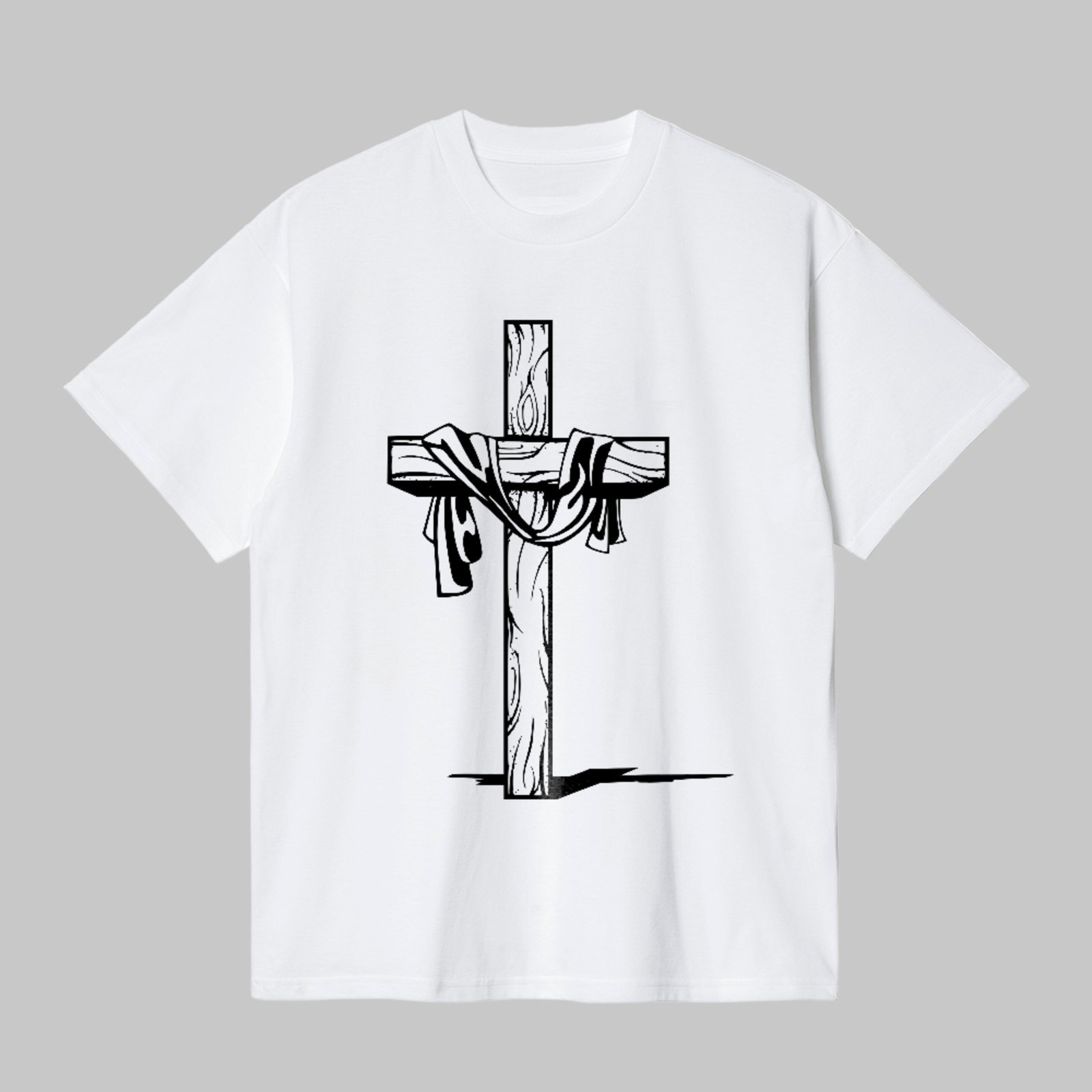 Camiseta Básica Cruz Com Manto Estilo Fé Cristã Minimalista Branco