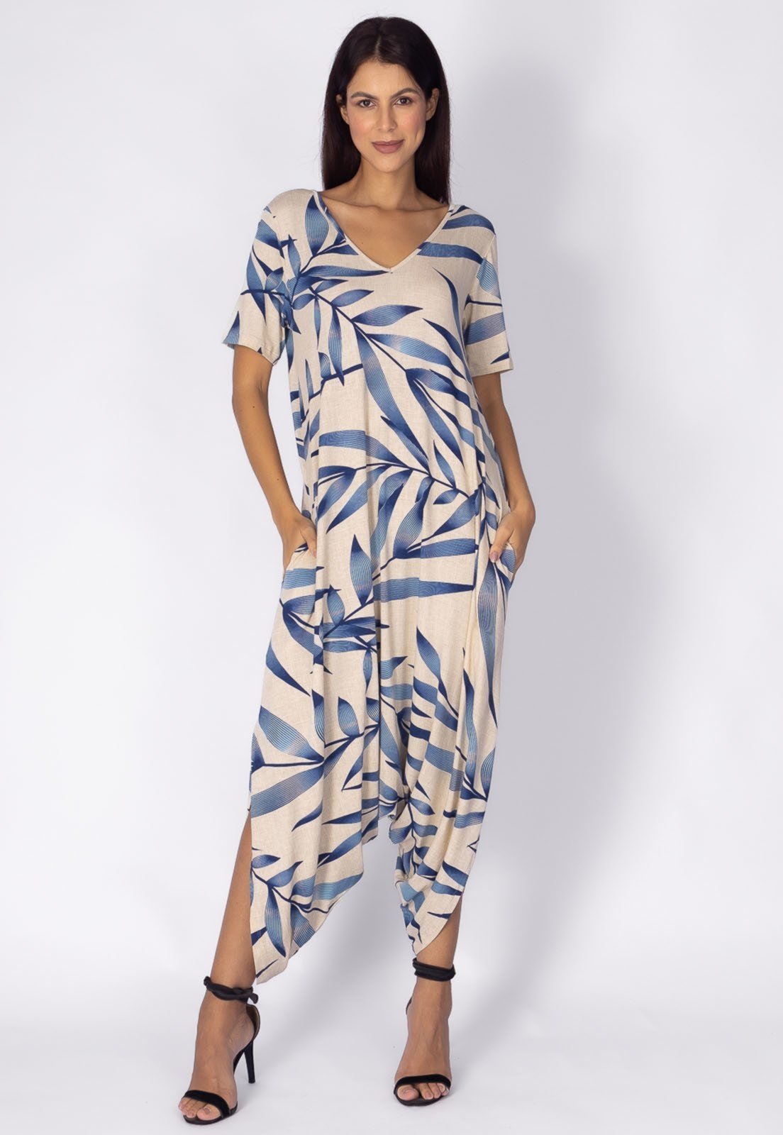 Macacão Saruel Amazonia Vital Malha Pantacourt com Manga Bambu Azul