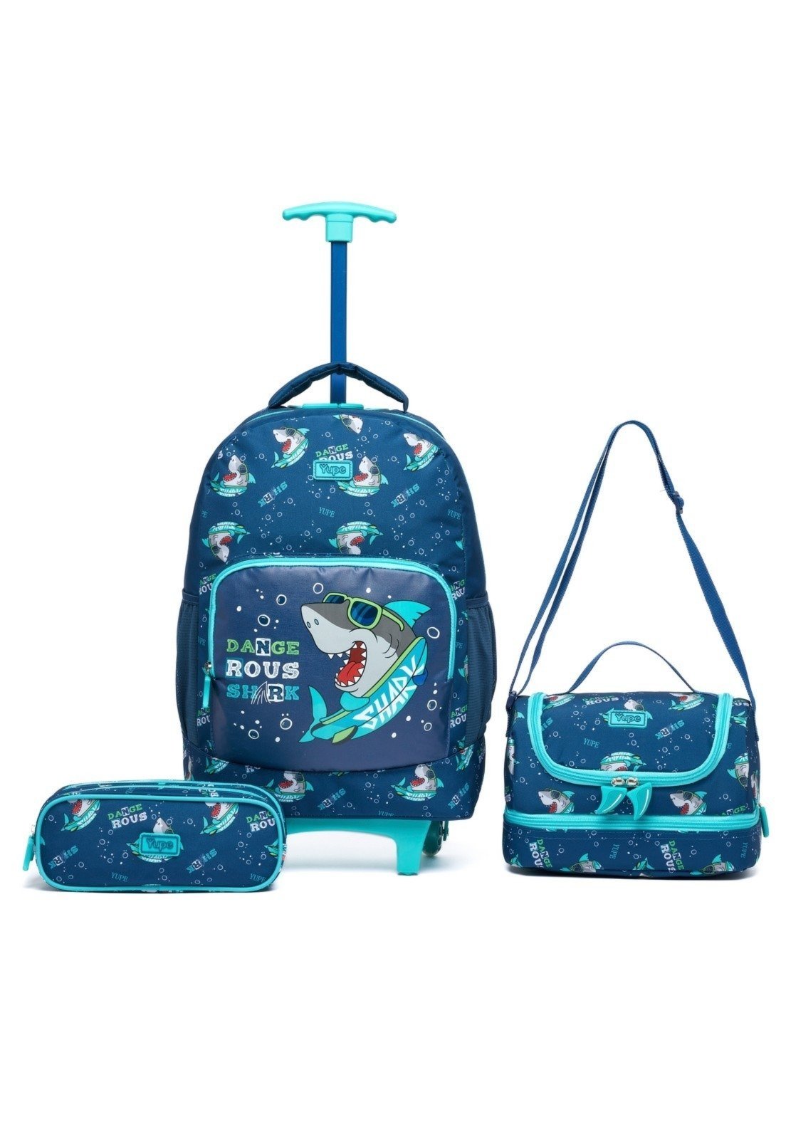 Infantil - Kit Mochila Estojo Lancheira Rodinhas Menino Tubarão Escolar espaçosa