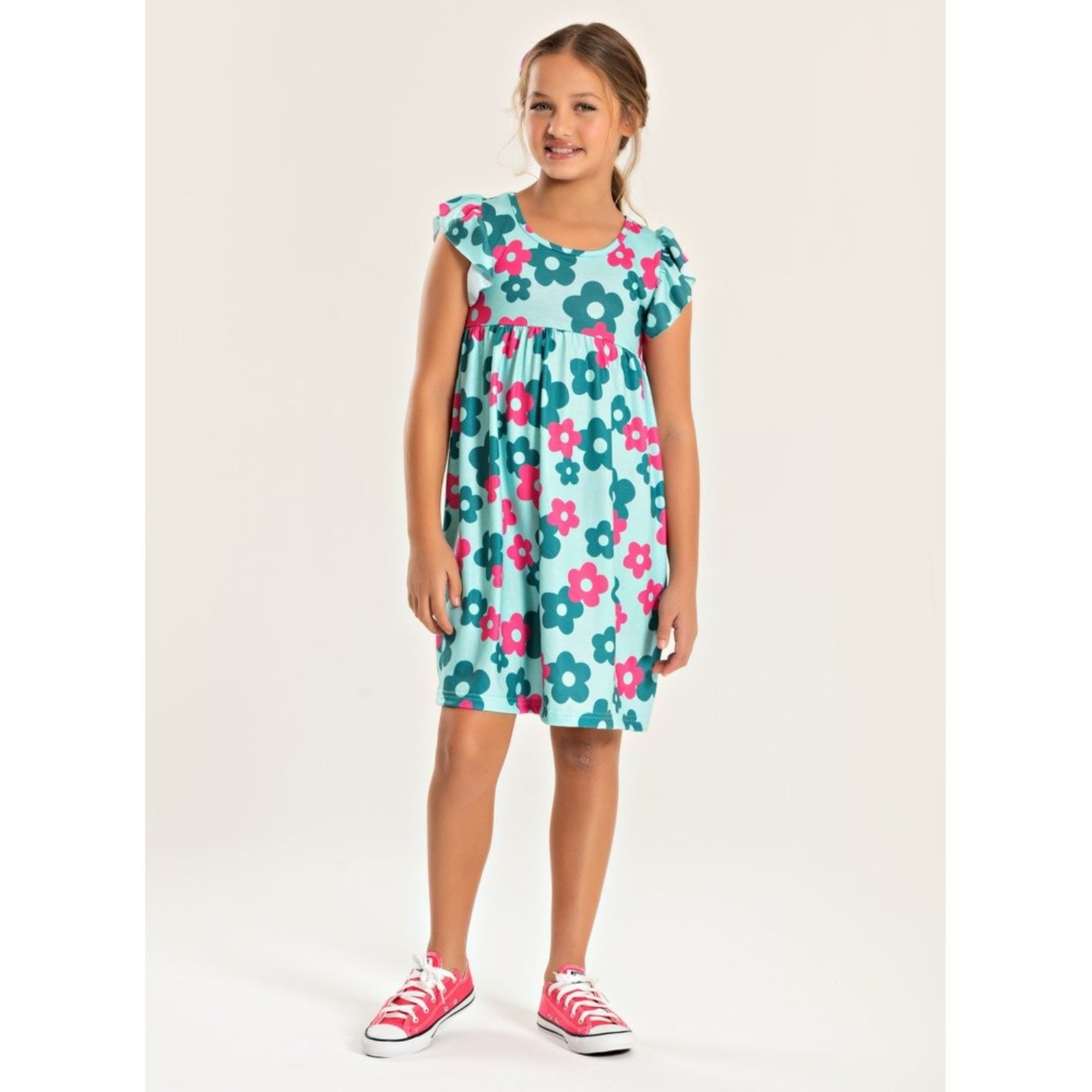Infantil – Vestido Molekada Com Bababo na Manga Verão Menina Verde Floral