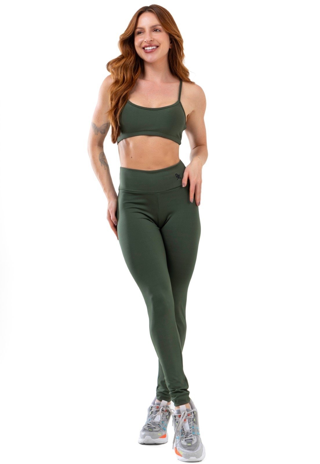 Conjunto Fitness Top Alça Nadador Calça Legging Cintura Alta Poliamida Academia – Verde Militar