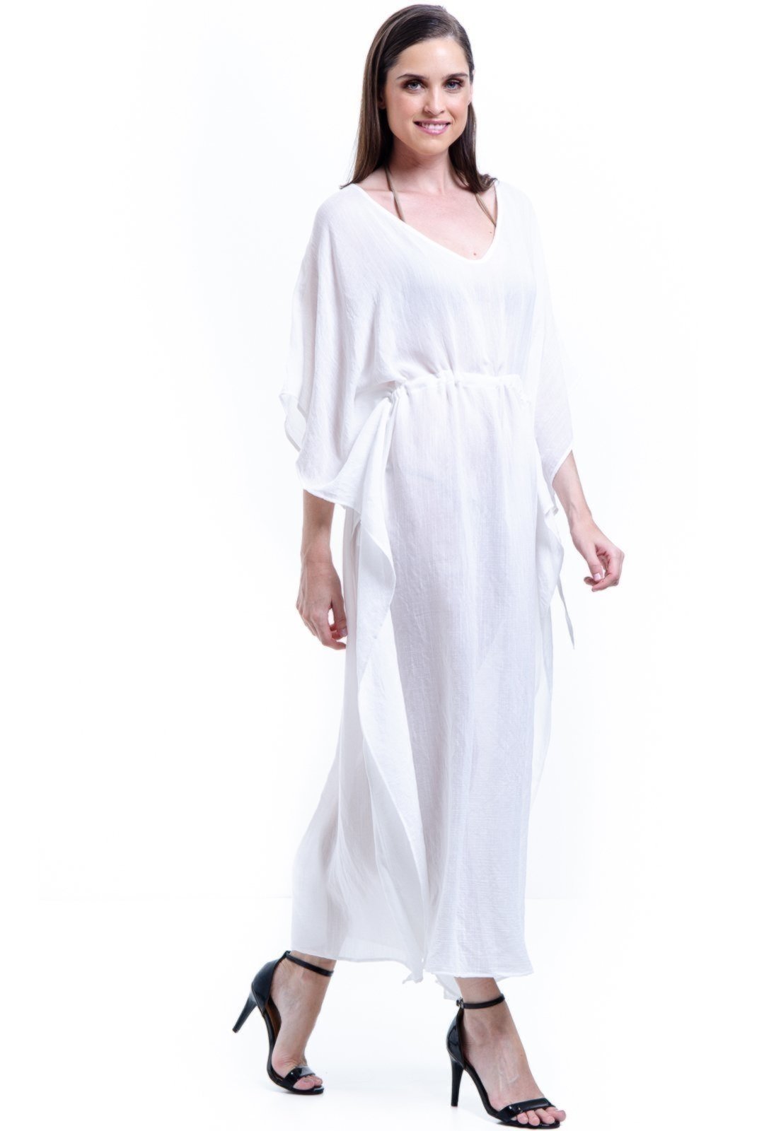 Vestido Kaftan Saída Longo Bata Viscose Liso Off White