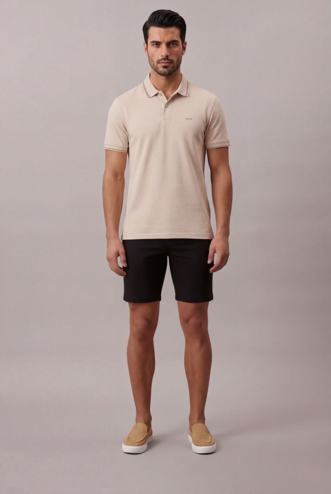 Polo Manga Curta Regular Basica Com Friso - Caqui Claro Calvin Klein Jeans