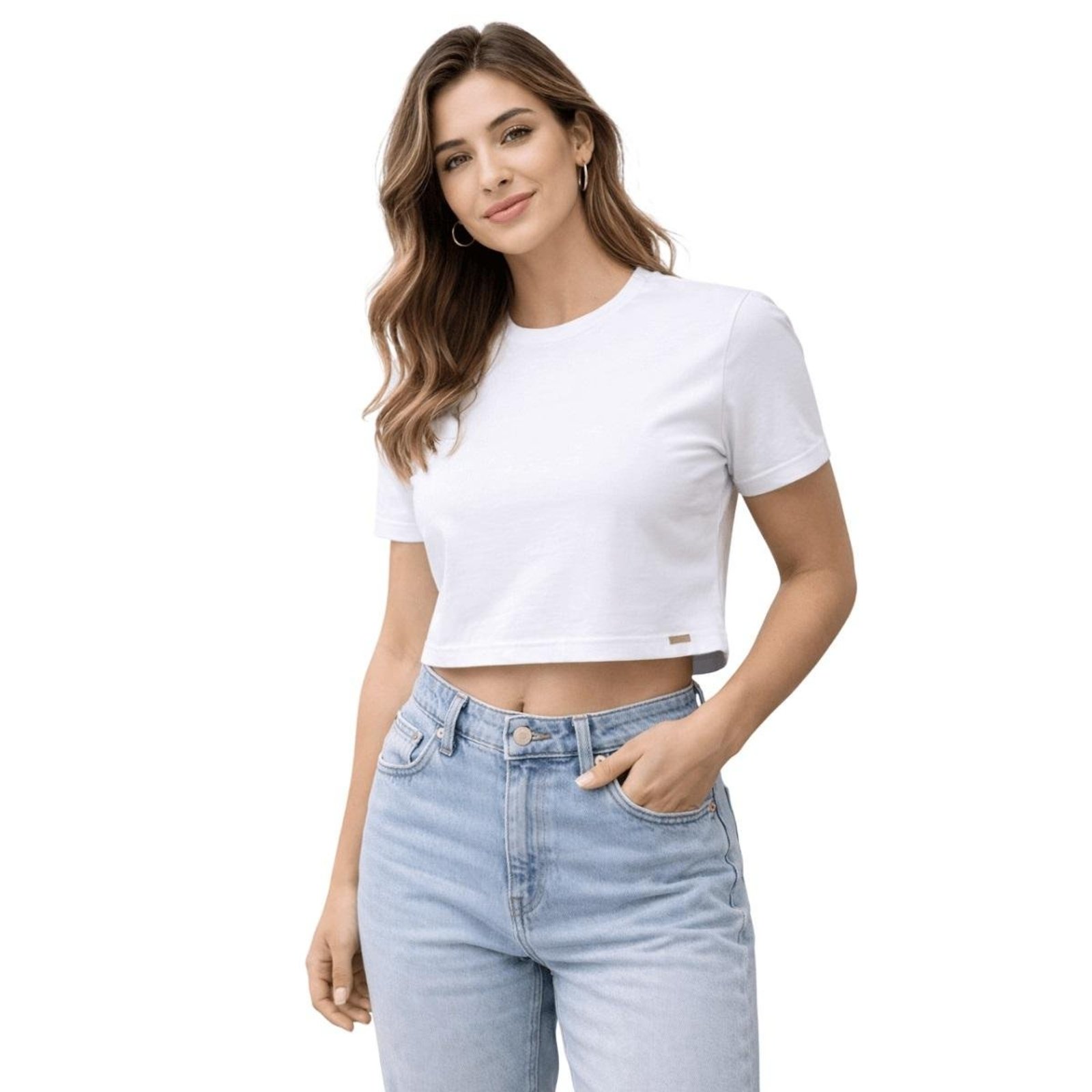 Blusa Cropped Manga Curta Básica Feminina Lunender 00019 Branca
