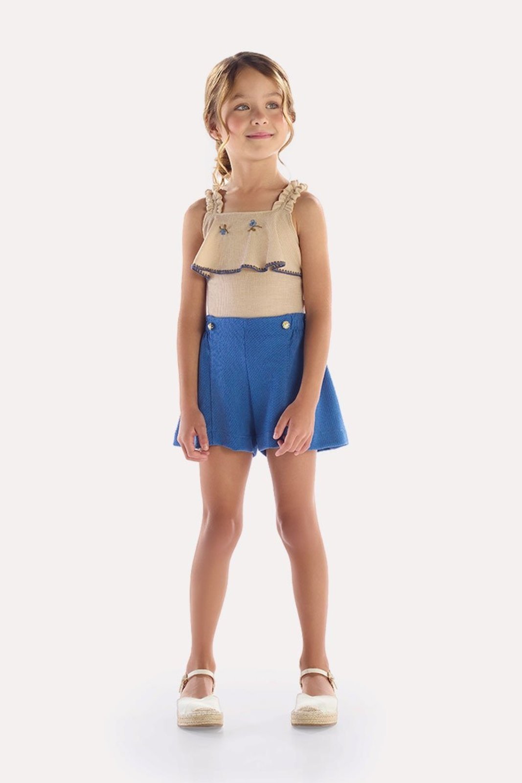 Infantil - Conjunto Blusa Areia Tricot e Shorts Tricot