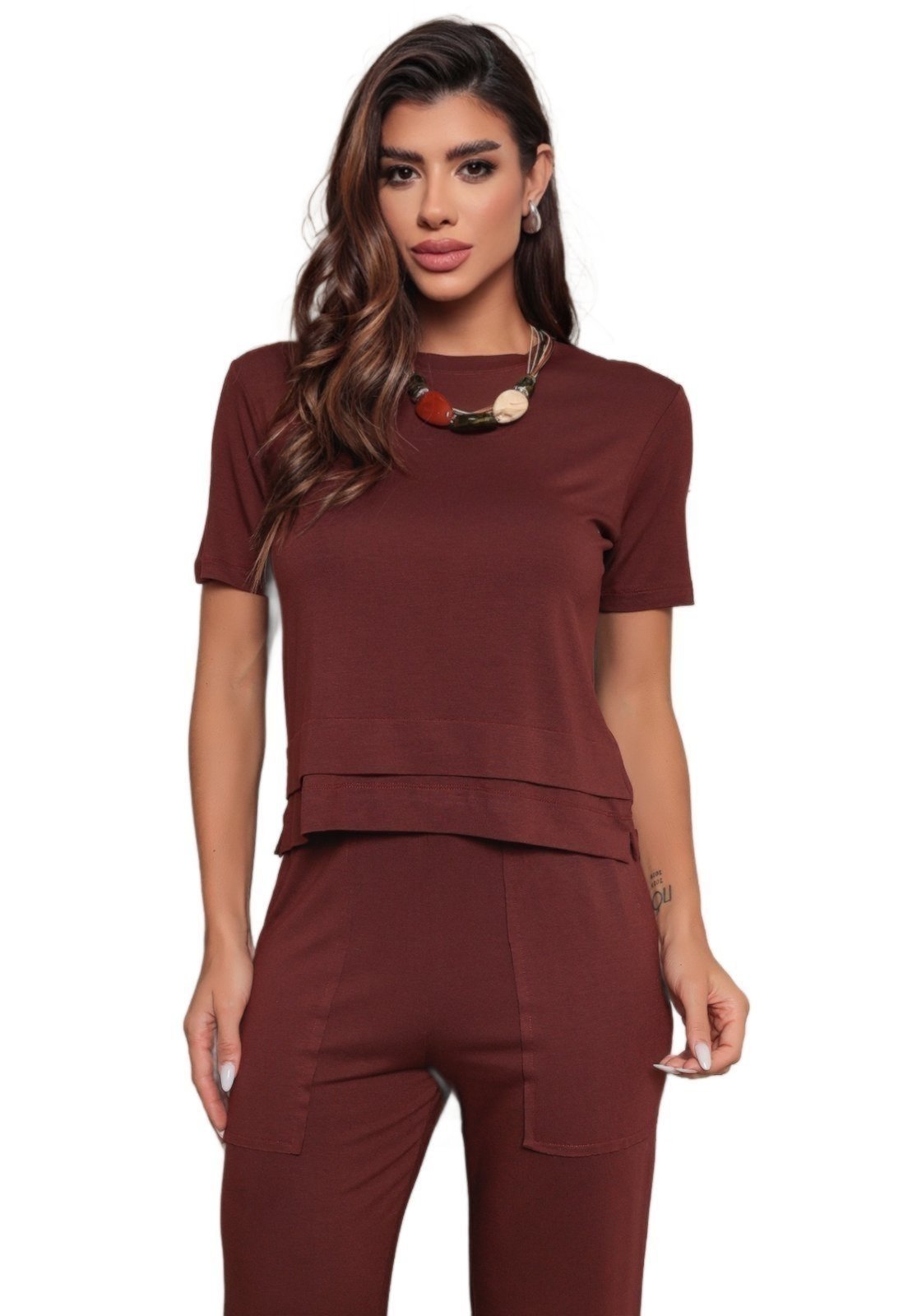 Conjunto Blusa Manga Curta e Calça Dellamarca Casual Comfort Marrom