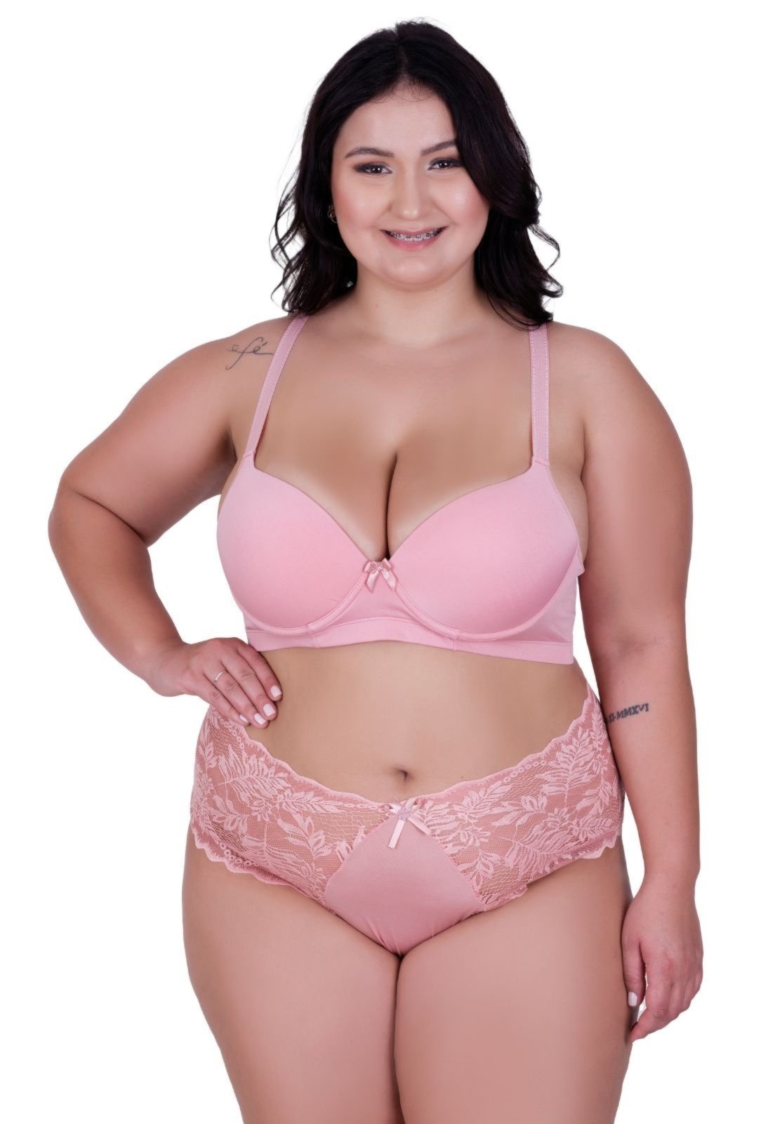 Conjunto de Lingerie Plus Size Sutiã e Calcinha Cintura Alta de Renda Terra e Mar Rosa