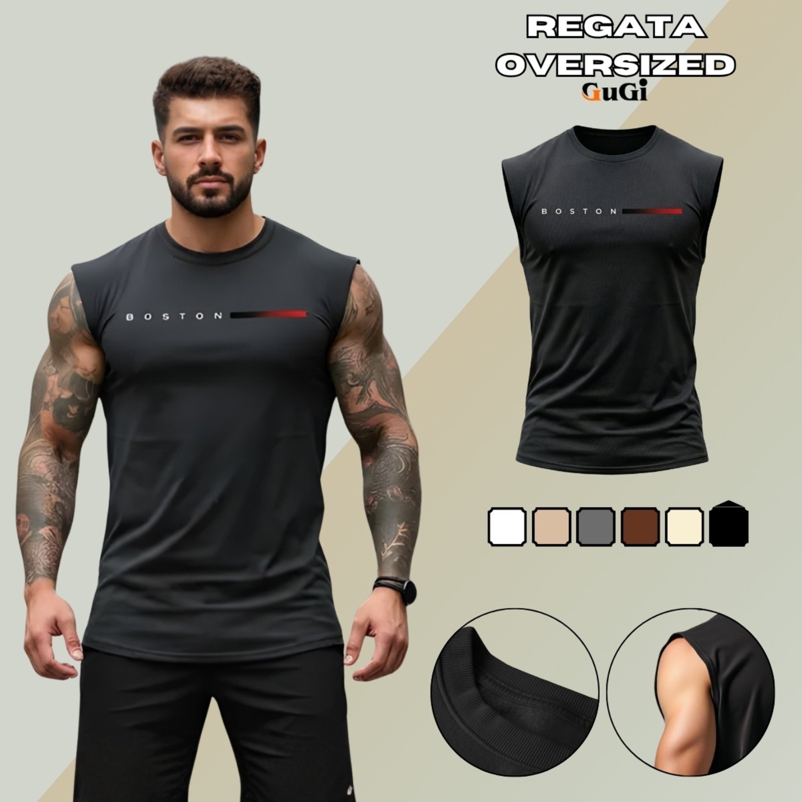 Regata Machão Masculina 100% Algodão Estampa Boston Muscle Fit Preto