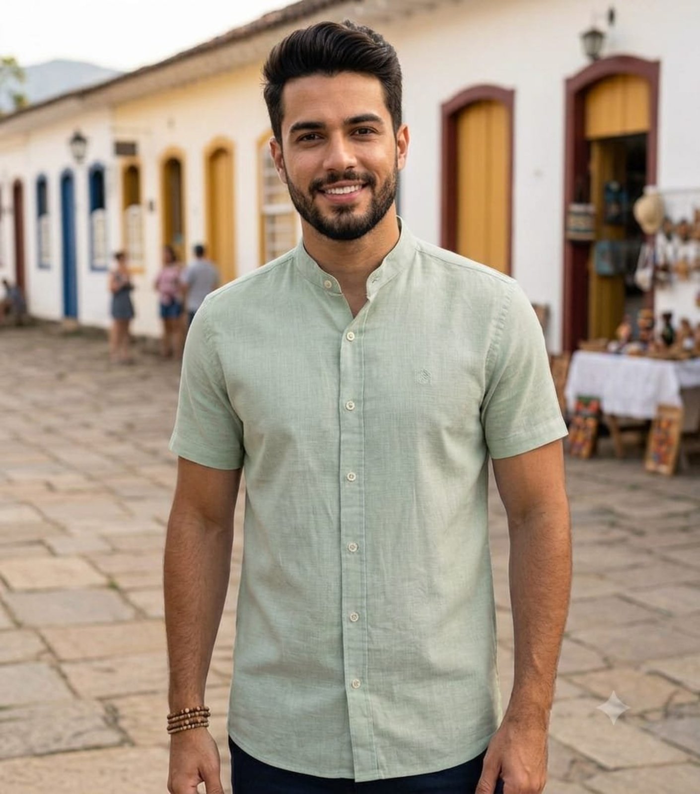 Camisa Amil Gola Padre Algodão Estilo Casual com Linho Macia Manga Curta Bege