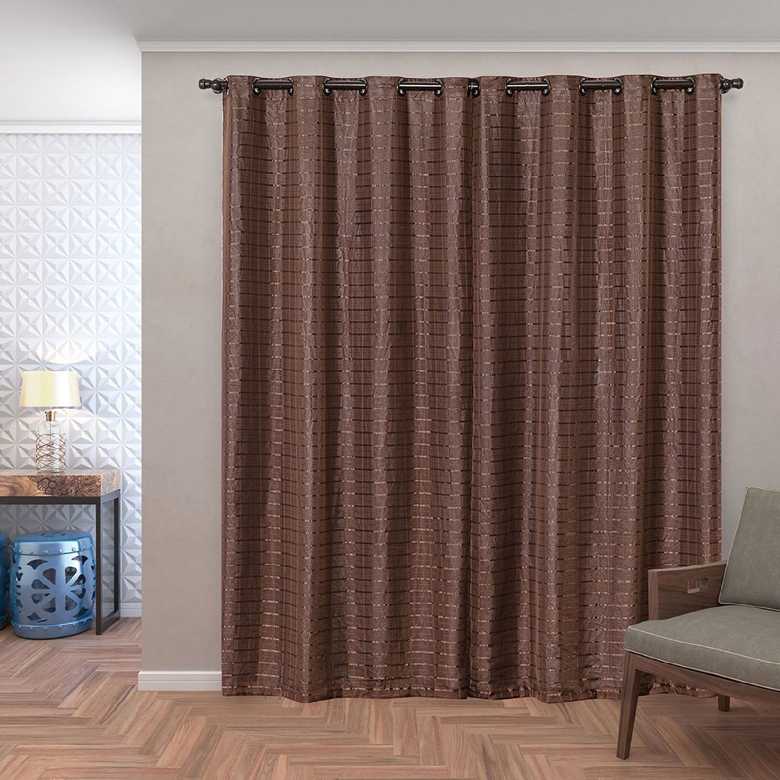 Cortina Daily Varão 2M Blackout PVC Com Voil Xadrez 2,80mx2,30m Sala Quarto Marrom