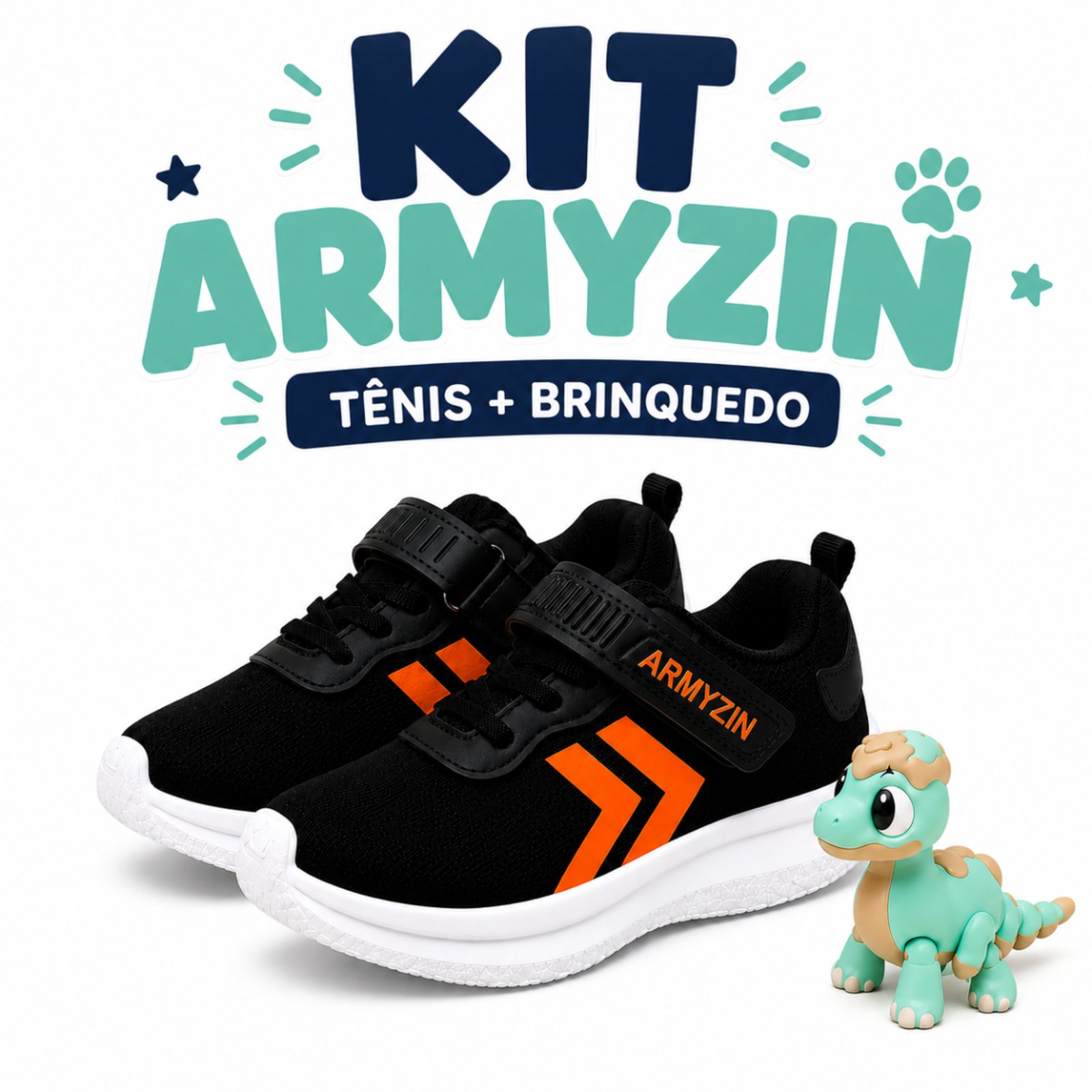 Infantil - Tênis Masculino Leve Confortável Macio Preto Armyz+ Dinossauro de Brinde