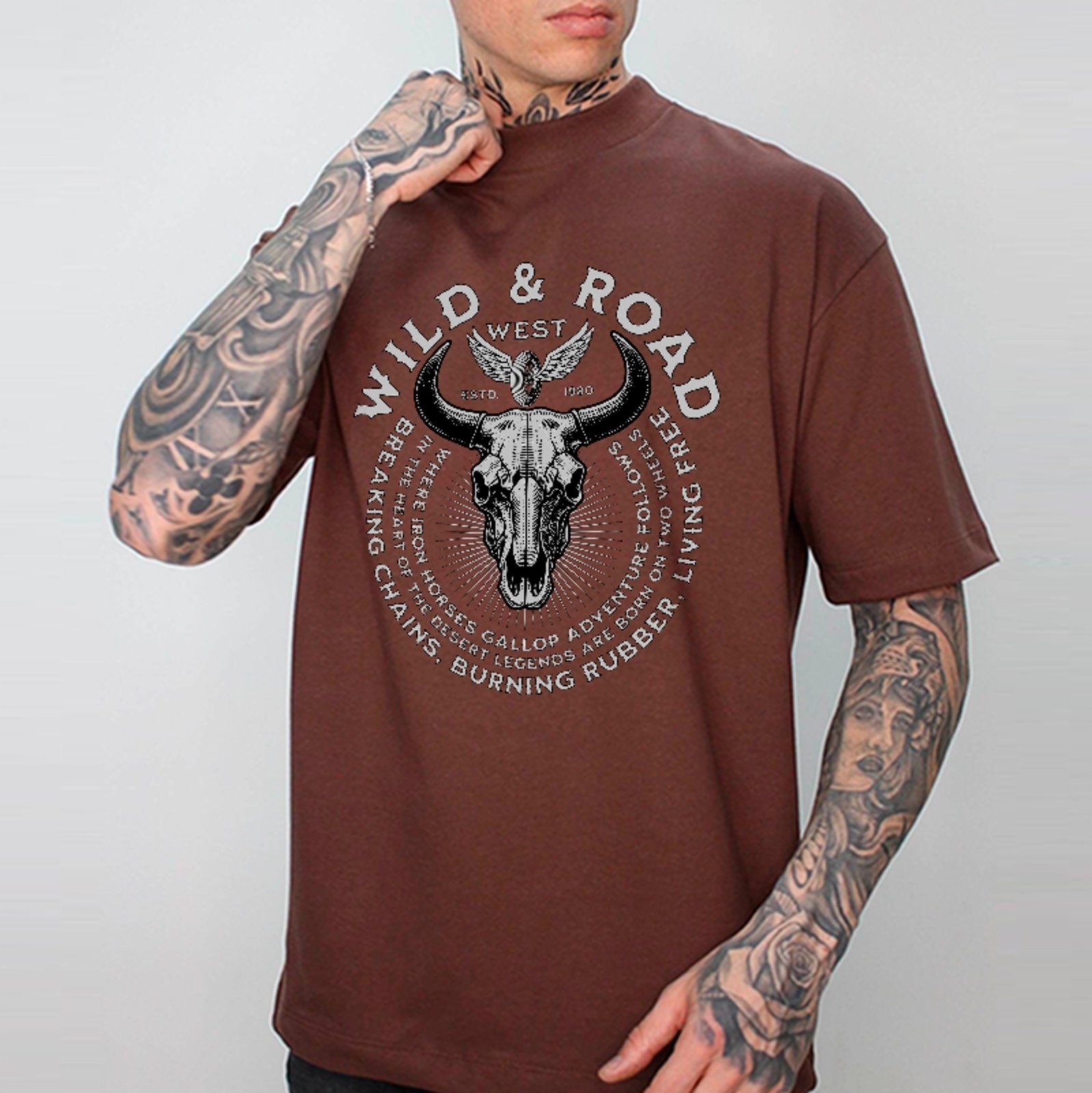 Camiseta Oversized Wild Road Western Caveira Cowboy Marrom