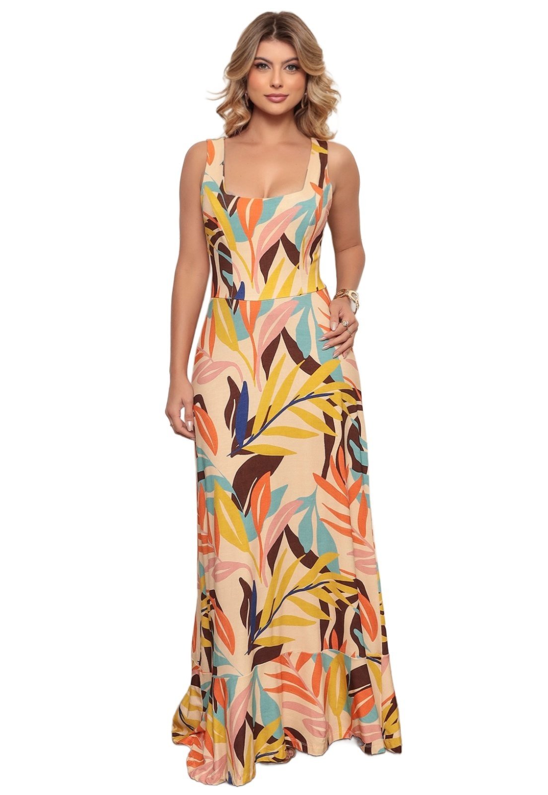 Vestido Fluido Longo Dellamarca Casual Estampada Creme