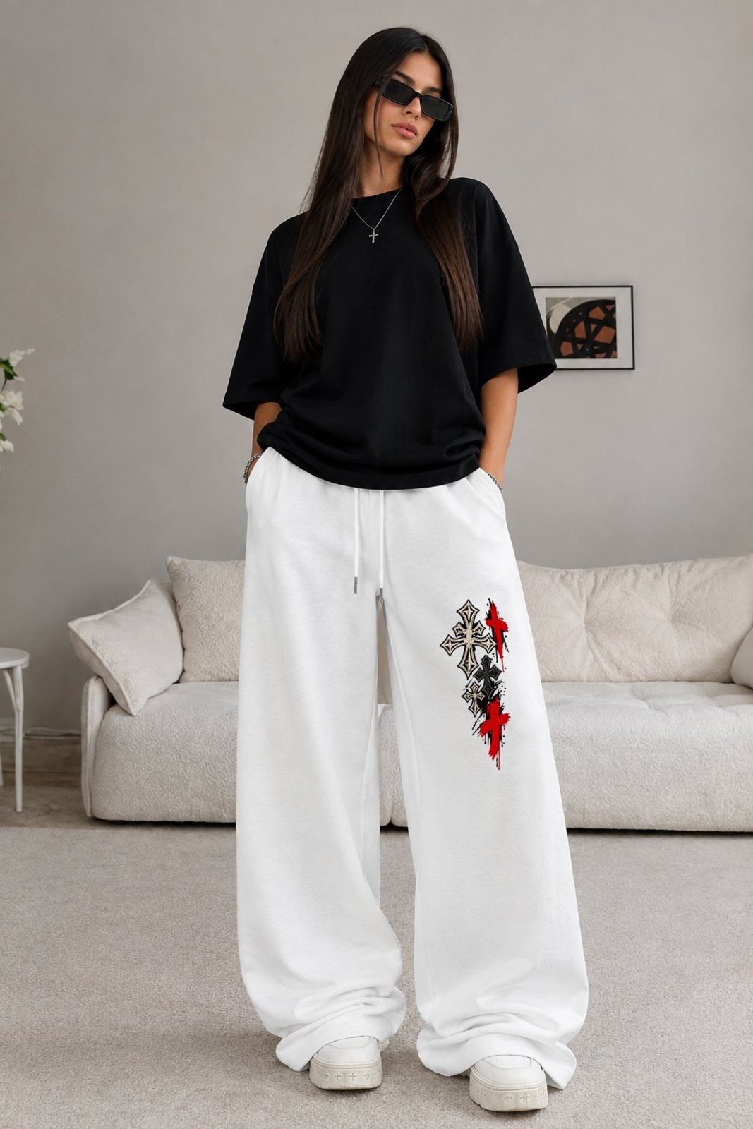 Calca Moletom Wide Baggy Wide Leg Streetwear Unissex Estampada Moda Gotica