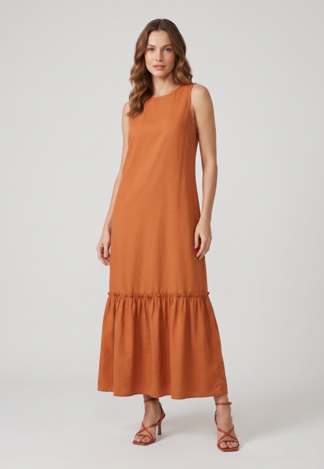 Vestido Feminino Cantão Maxi Viscose Babado Caramelo