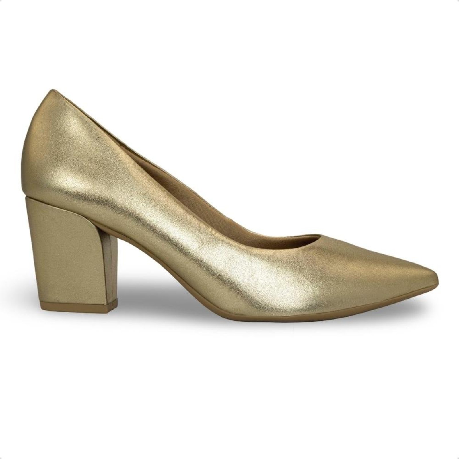 Scarpin Usaflex Feminino Salto Bloco Couro Bico Fino EP12001 Dourado