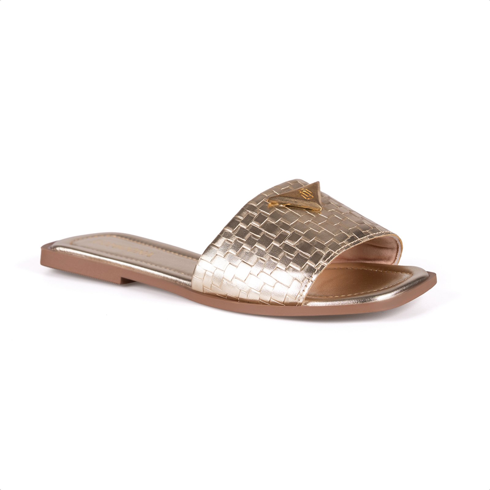 Rasteira Feminina Slide Tira Larga Bico Quadrado Dourado