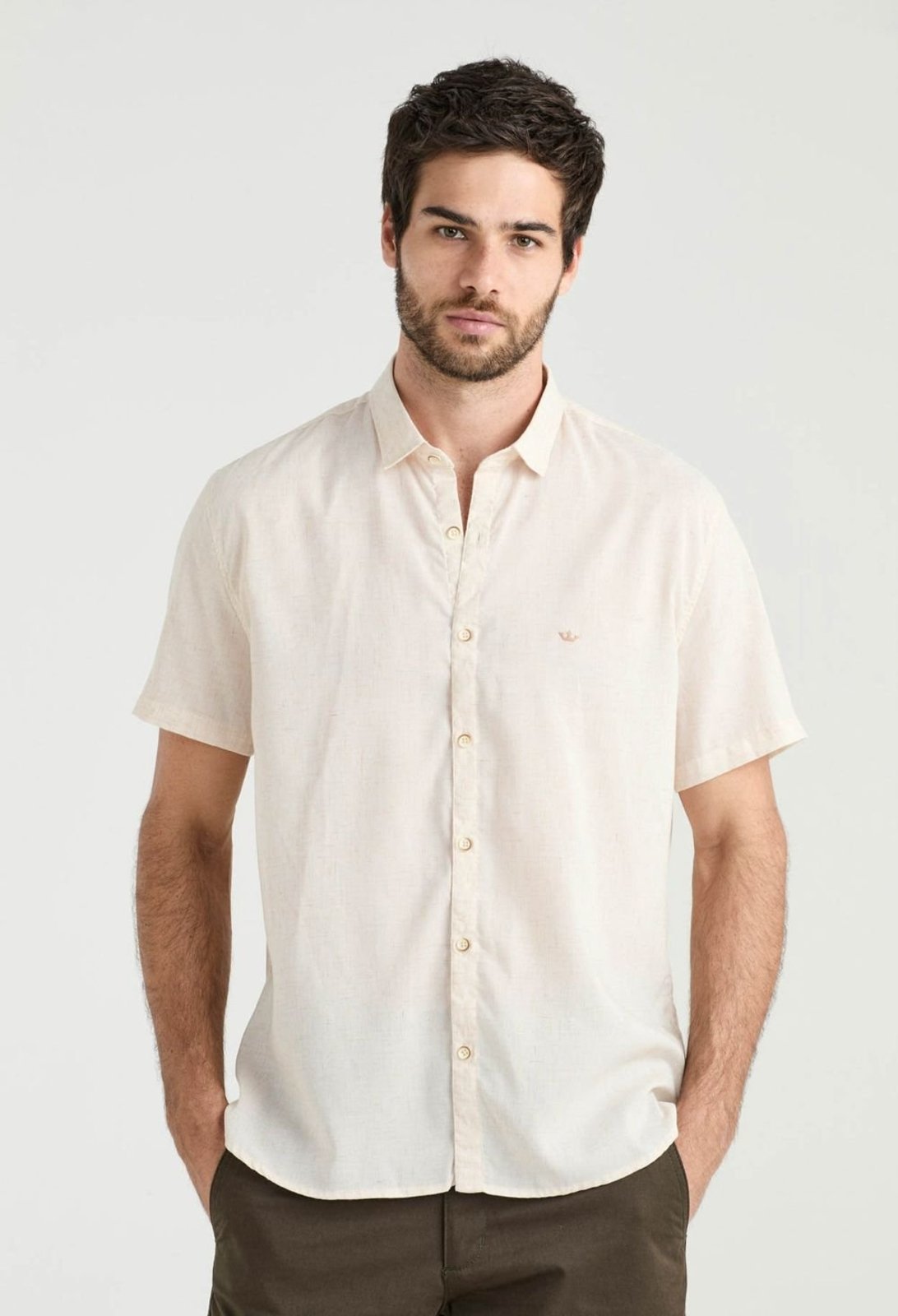 Camisa Docthos Slim Manga Curta Linho 009 Marrom Claro Eg