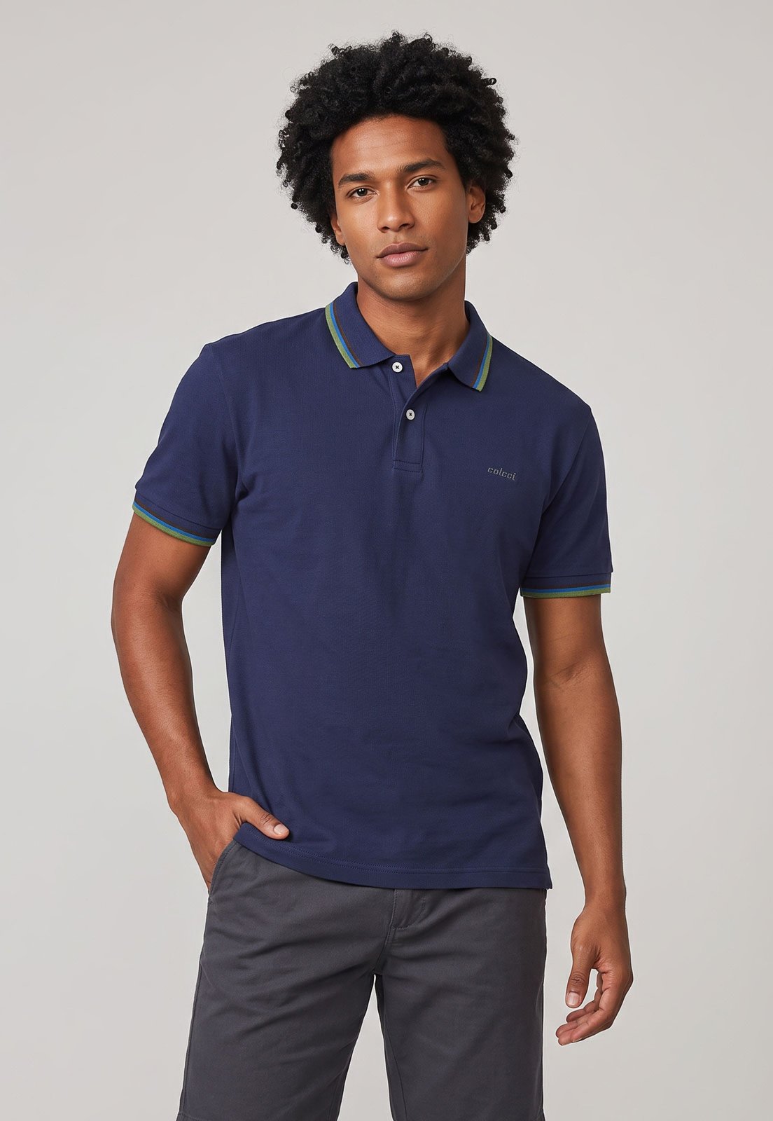 Camisa Polo Colcci Reta Friso Logo Azul-Marinho