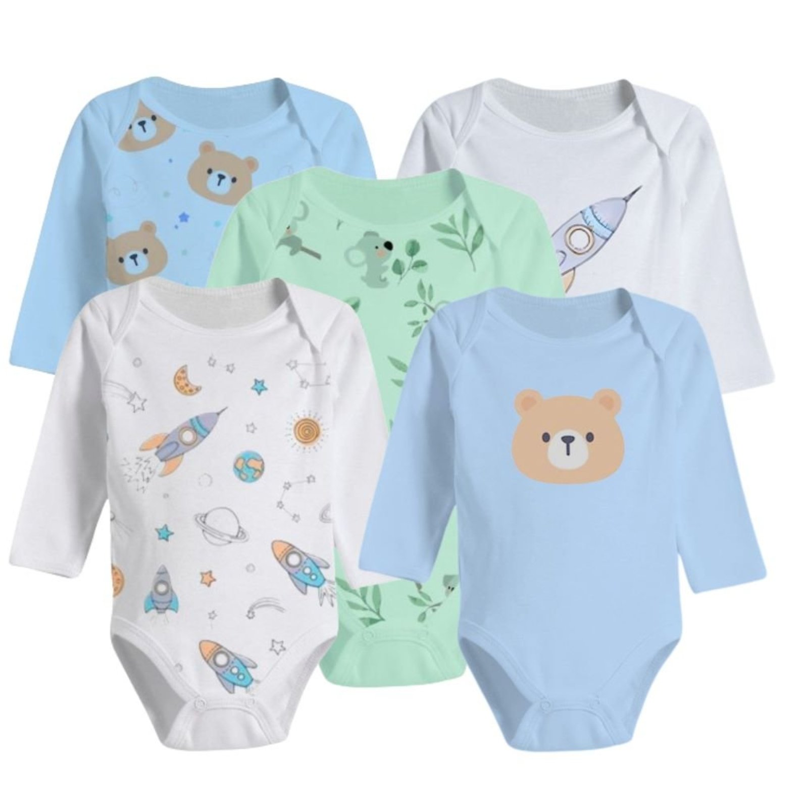 Infantil - Kit Enxoval Roupa de 5 Peças Body Manga Longa Estampado Azul