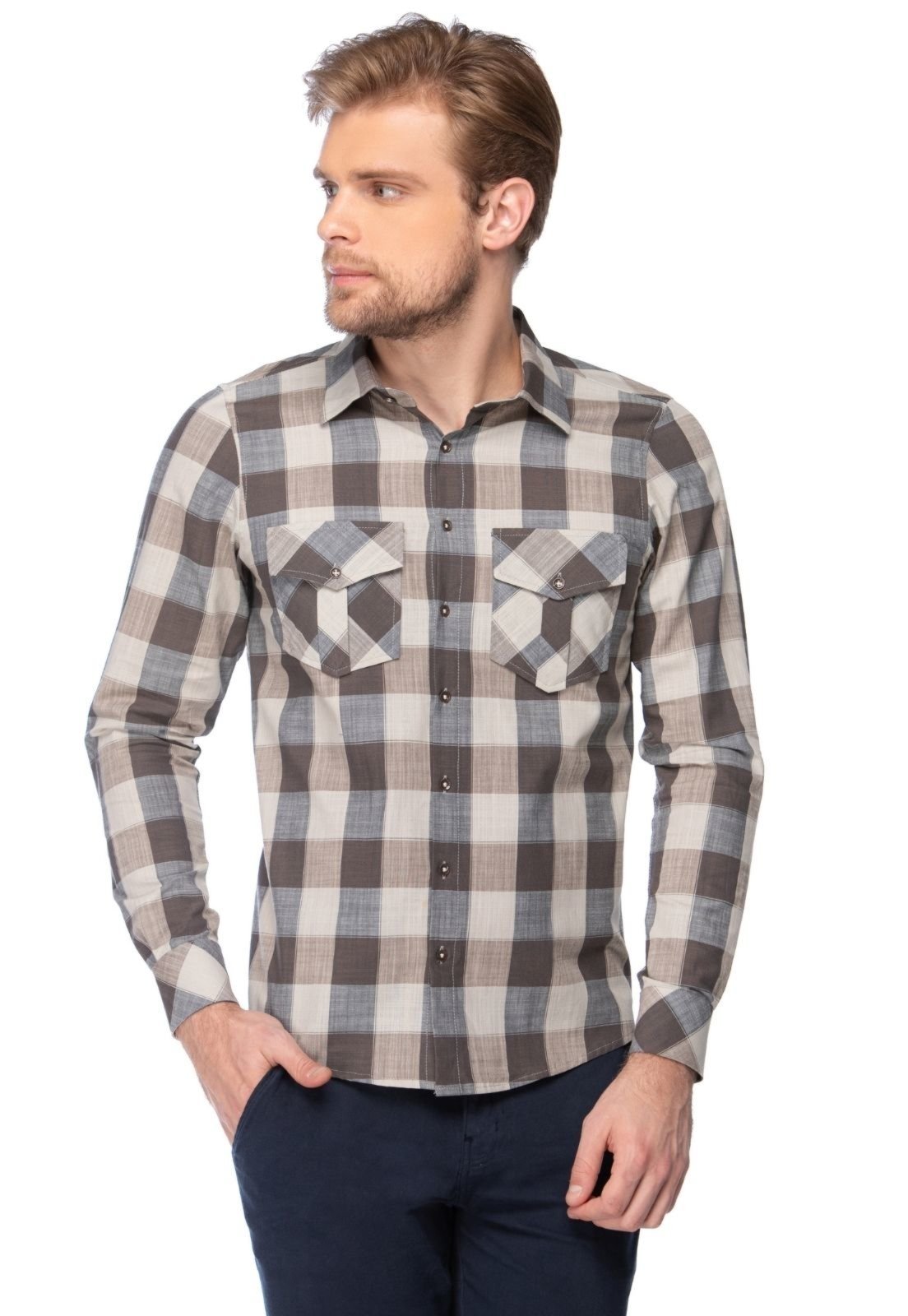 Camisa Social Slim Zaiko Xadrez Fio Tinto Manga Longa 3310 Marrom