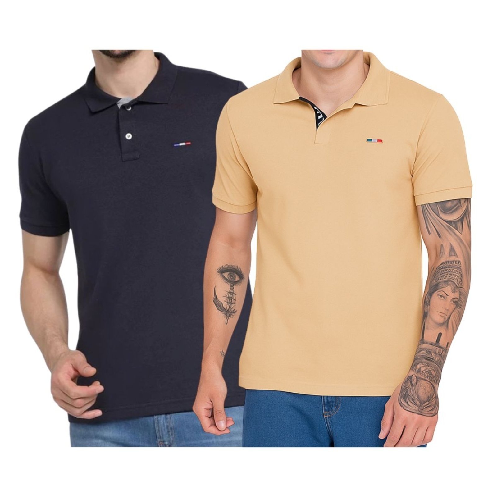 Vista 2 Kit 2 Polos Masculina Básicas FMF e Bege Claro Piquet no Estilo Tommy Bordado França preto FMF preto