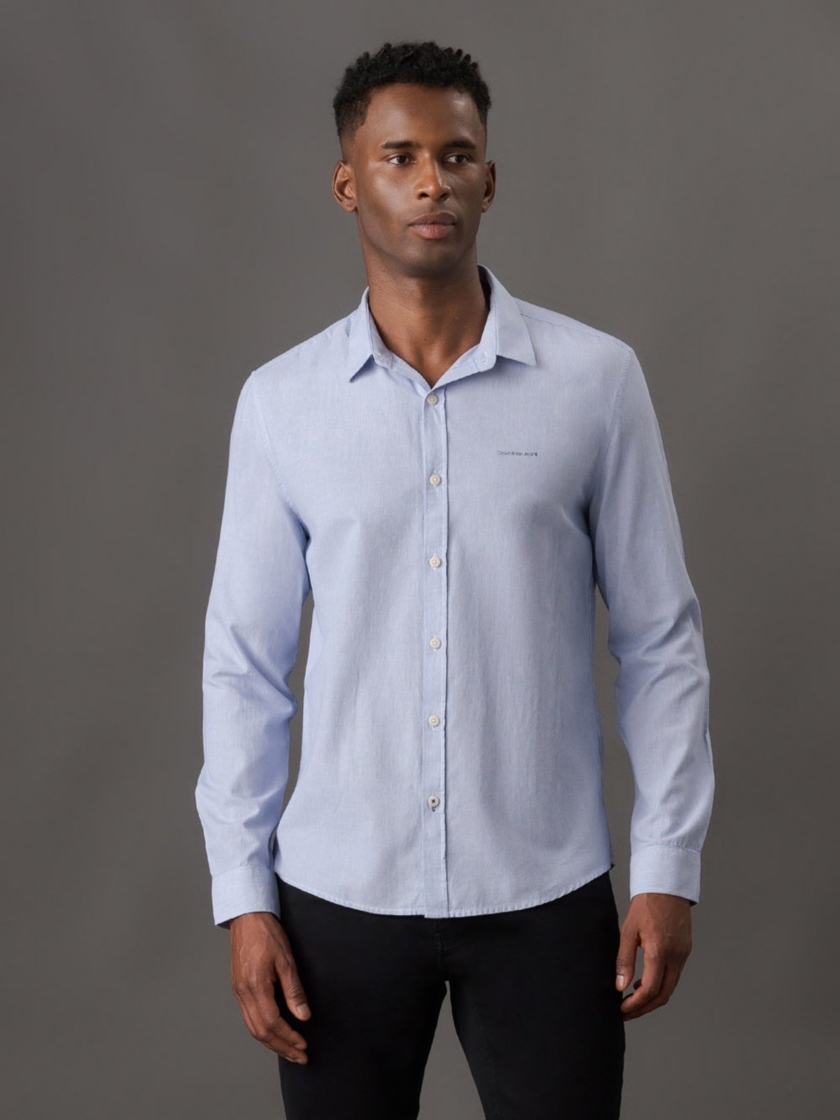 Camisa Manga Longa Slim Listrada Silk Logo Calvin Klein Jeans – Azul Médio Calvin Klein Jeans