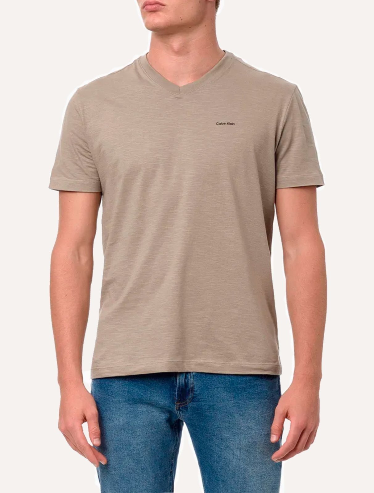 Camiseta Calvin Klein Masculina V-Neck Logo Flamê Cáqui Claro