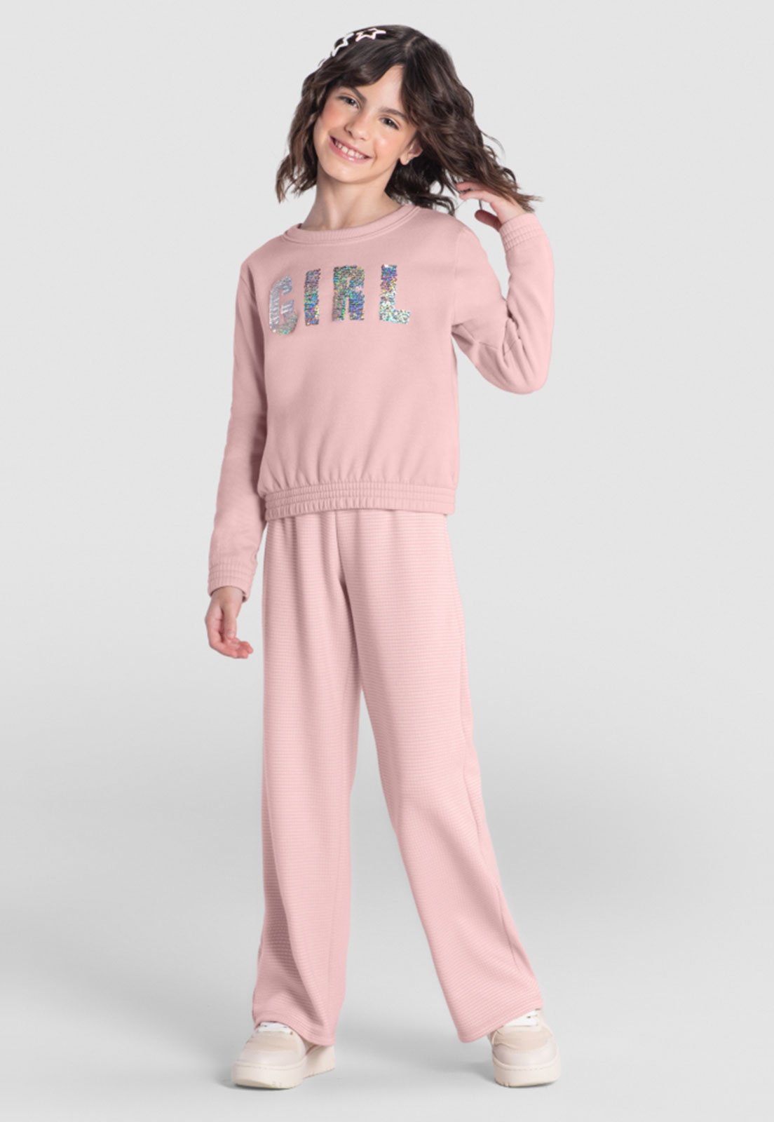 Infantil – Conjunto 2pçs Manga Longa Brandili Blusa E Calça Wide Leg Rosa