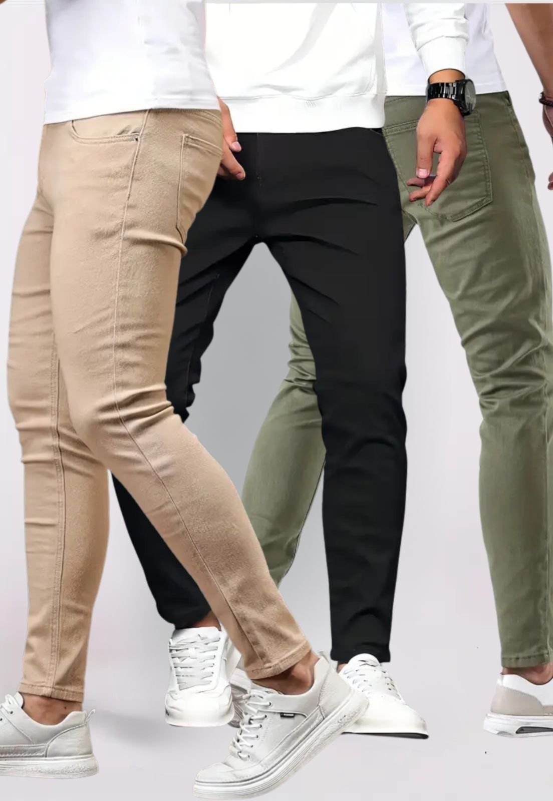 Kit 3 Calça Masculina Tempo Hábil Bege Verde e Preto Sarja Corte Tradicional