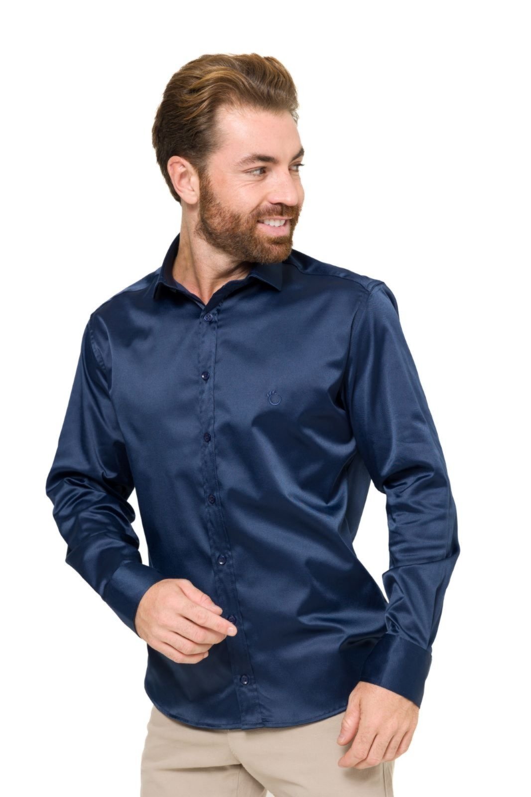 Camisa Social Masculina Olimpo Slim Manga Longa Acetinada Azul