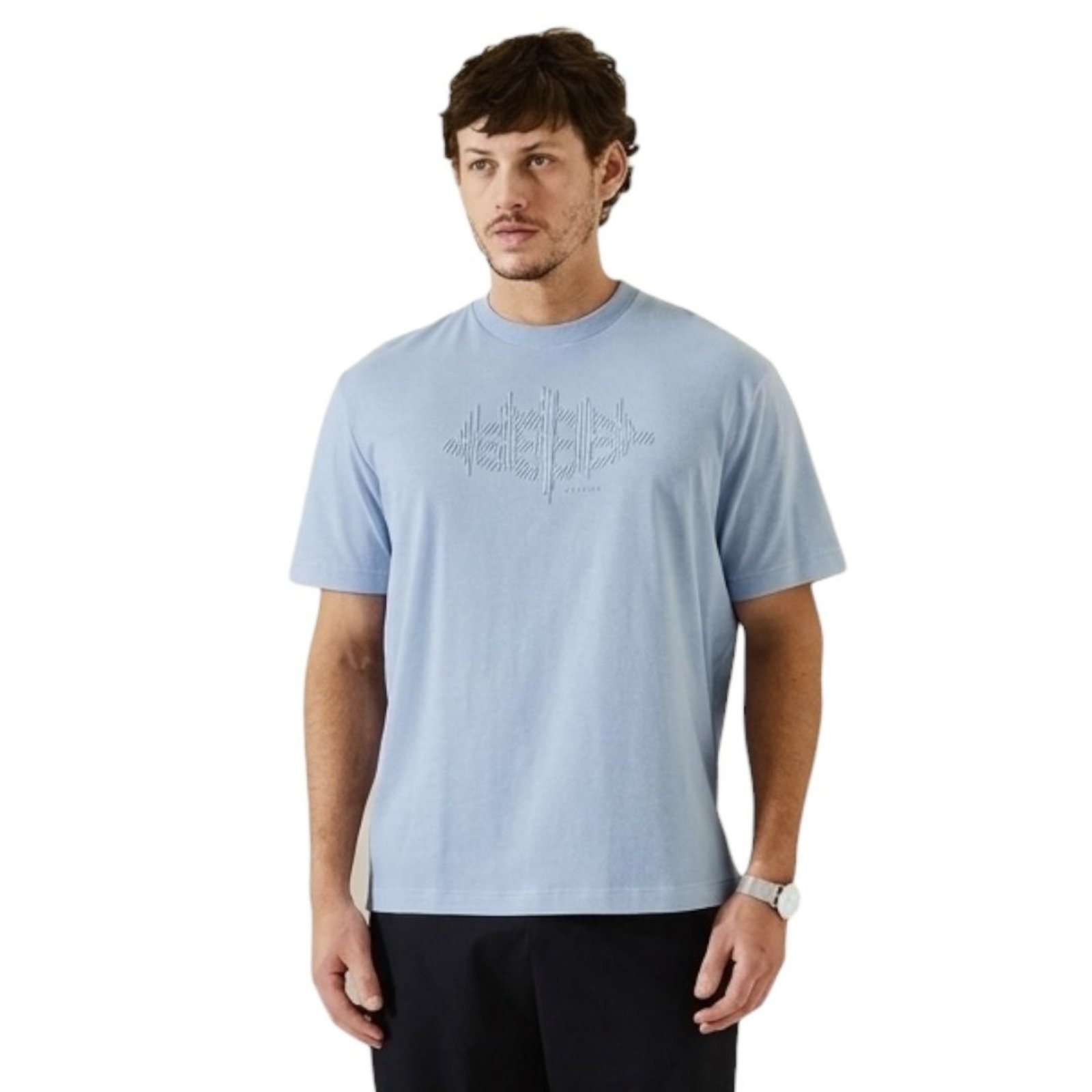 Camiseta Relaxed de Malha com Mangas Curtas Triton Azul Faded Denim