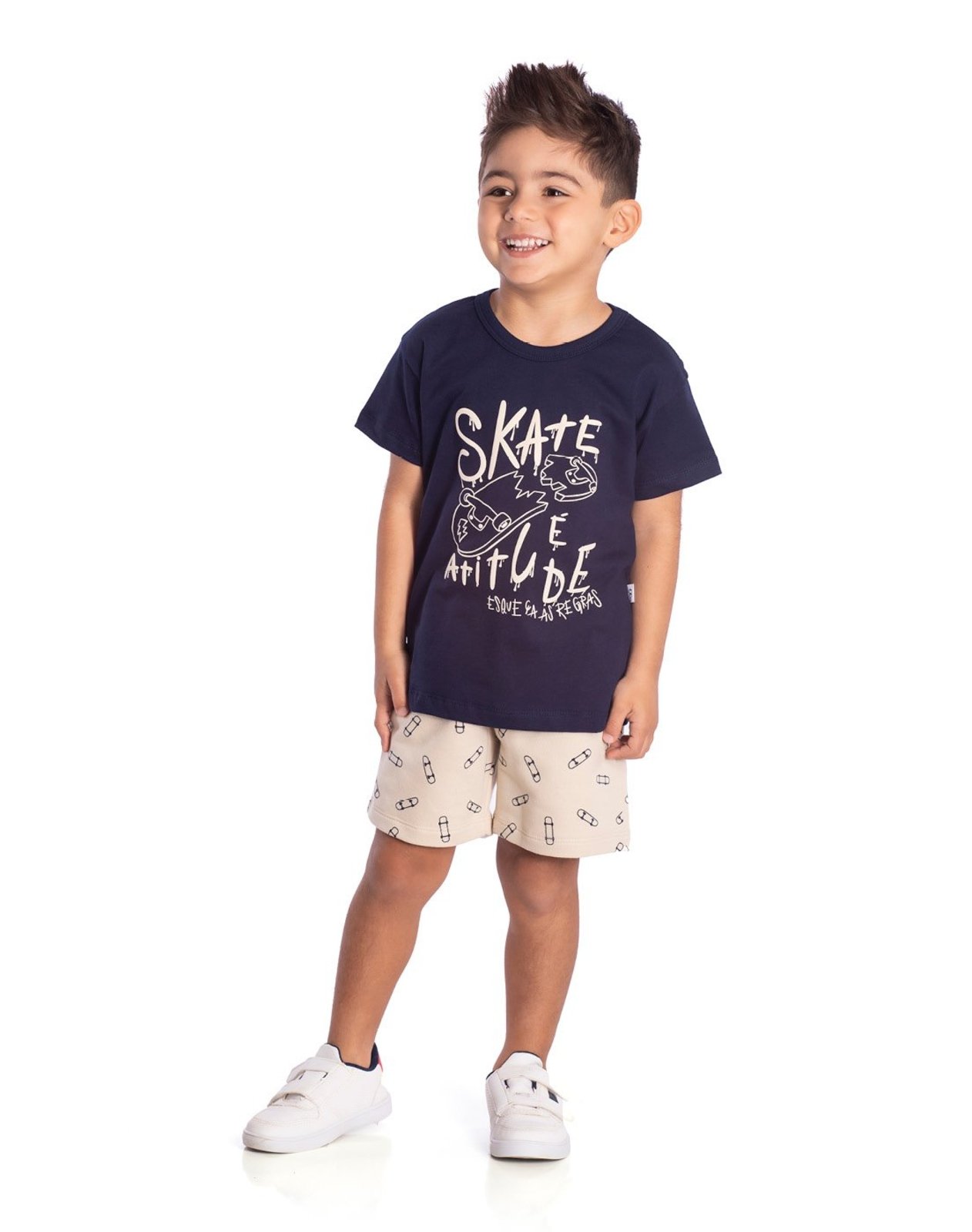 Infantil - Conj. camiseta manga curta skate marinho + bermuda moletinho bege