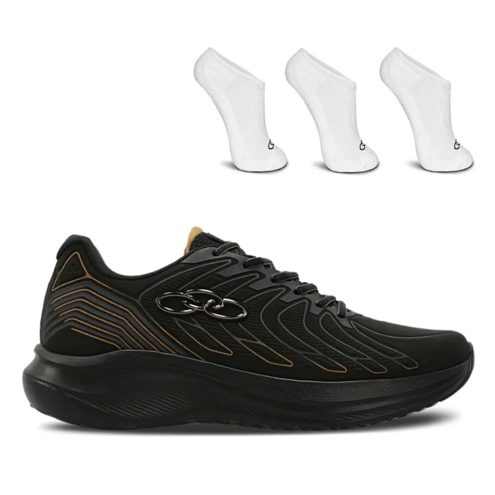 Kit Tênis Olympikus Masculino Volcan 2 + 3 Pares de Meias Olympikus Invisíveis Preto