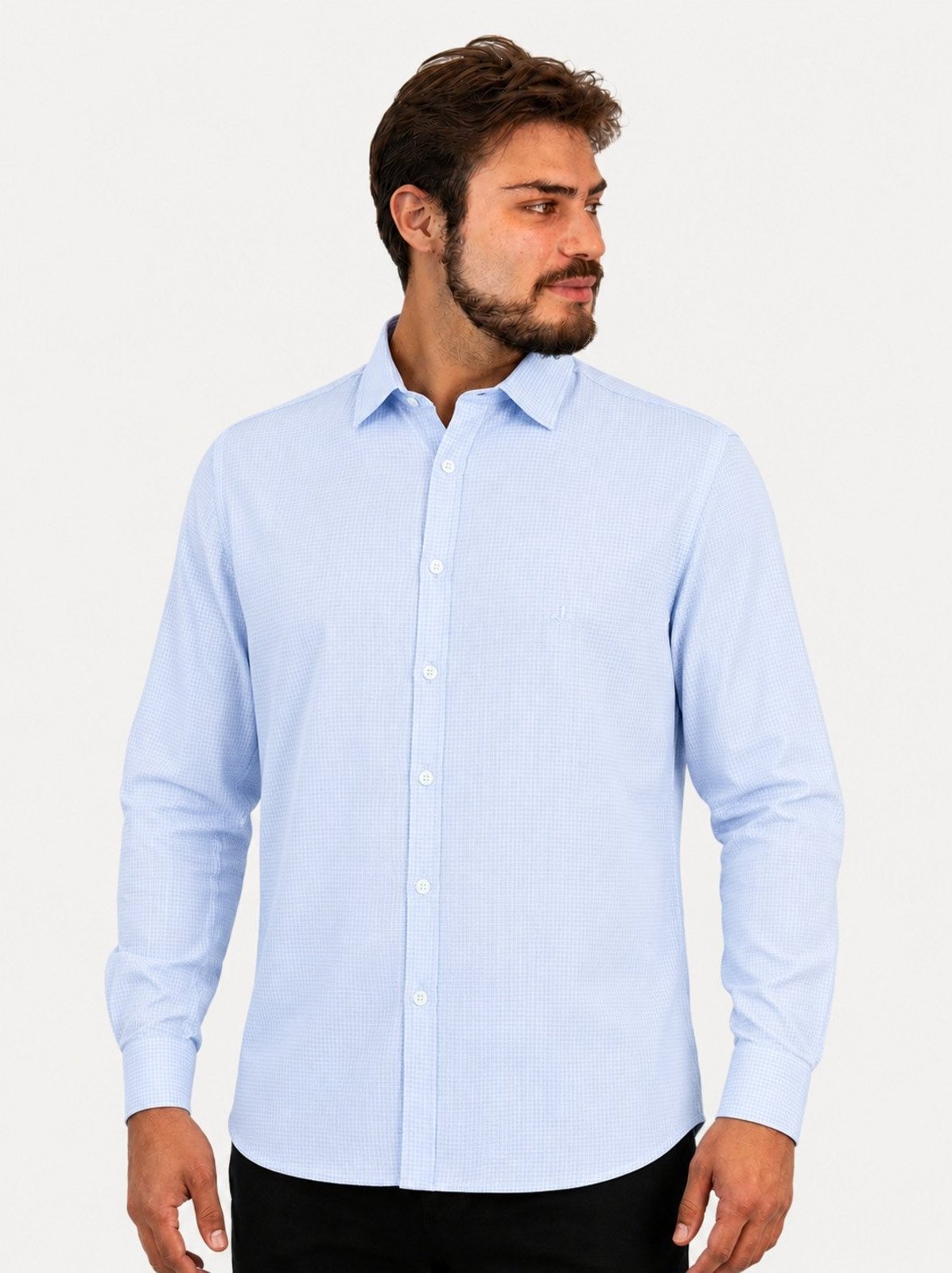 Camisa Dudalina Masculina Superfine Tricoline Quadriculado Mono Logo Milano Azul Claro