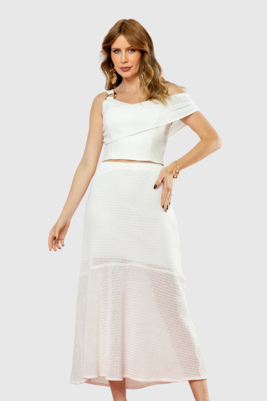 Conjunto Feminino Amora Café Top com Saia Midi Branco