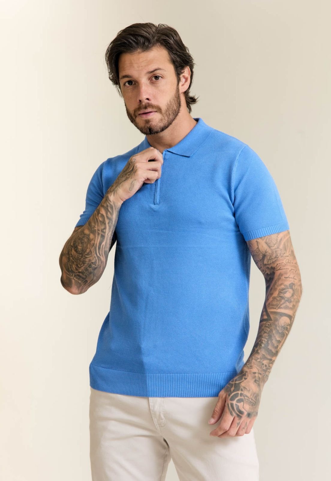 Camisa Tricot Gola Polo com Zíper Azul
